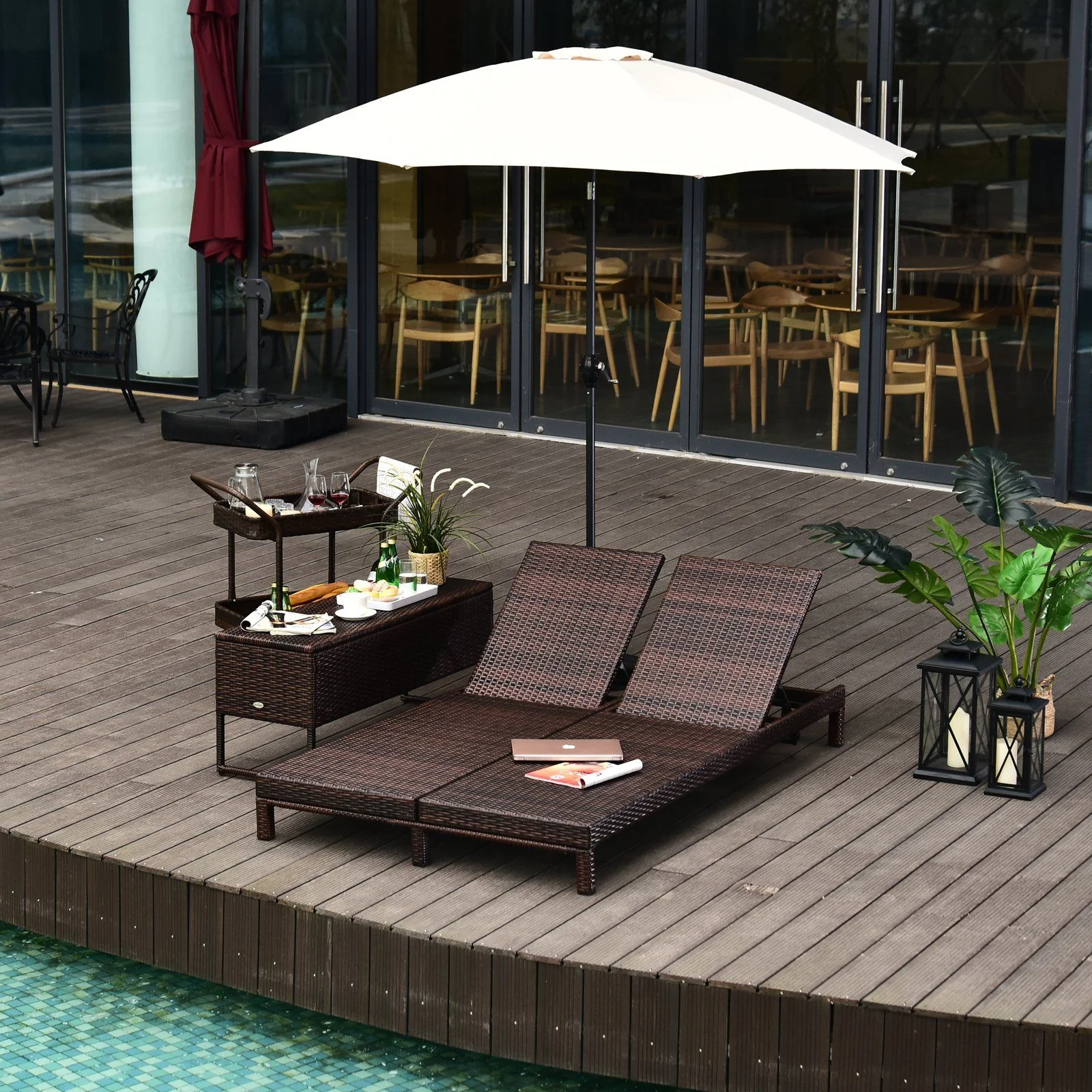 Easycomfort Lettino Prendisole a 2 Posti, Sdraio in Acciaio e Rattan, Schienale Regolabile, 196 x 120 x 28cm Marrone e Bianco Crema