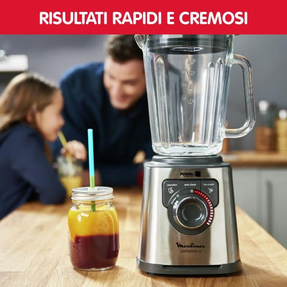 Moulinex LM811D PerfectMix + Blender Frullatore Tritatutto Elettrico, Tecnologia Powelix, Multifunzione, 1200W, Capacità totale 2L (utile 1.5L), 3 Programmi, Vaso in Vetro Termoresistente Visita lo Store di Moulinex