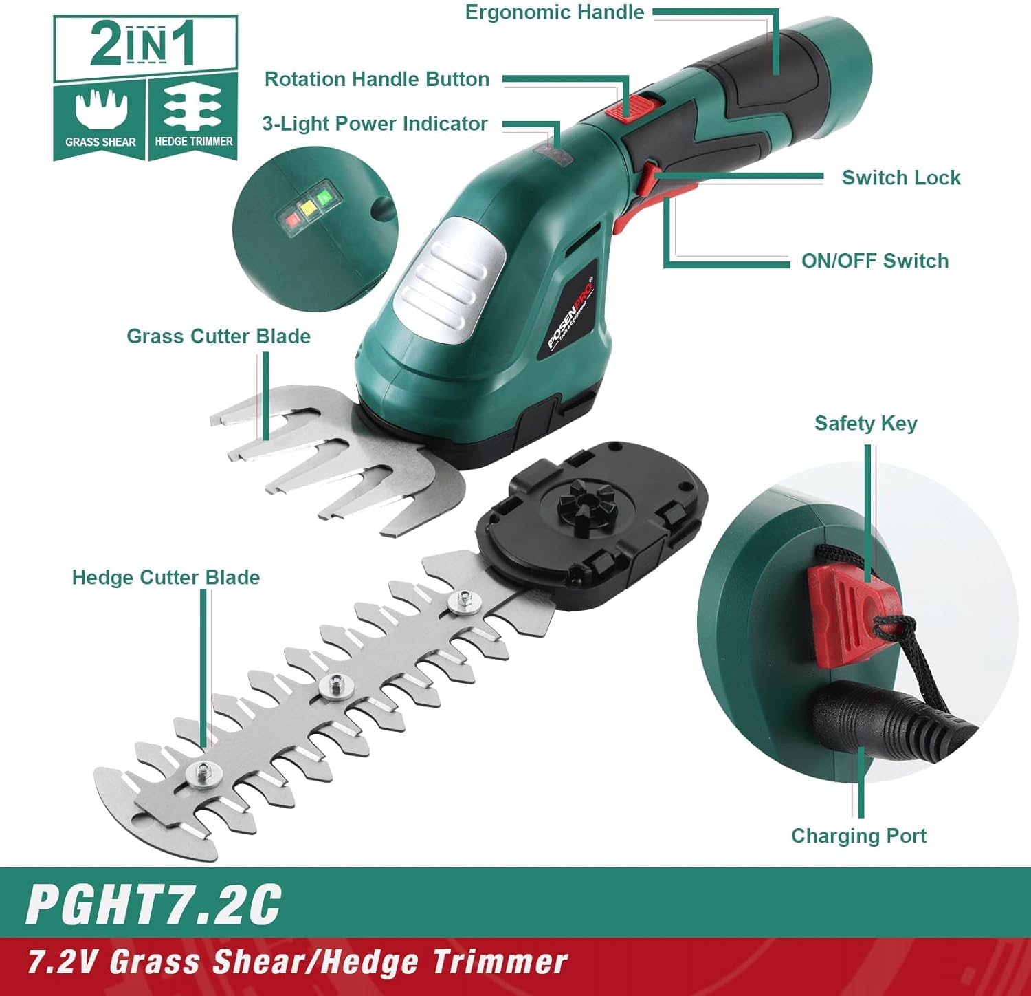 POSENPRO Forbici a Batteria 7,2V, 2 in 1 Tosaerba e Tagliasiepi a Batteria, Tagliasiepi Elettrico con Maniglia Rotante a 180°, Larghezza di Taglio 100mm, Lunghezza di Taglio 200mm