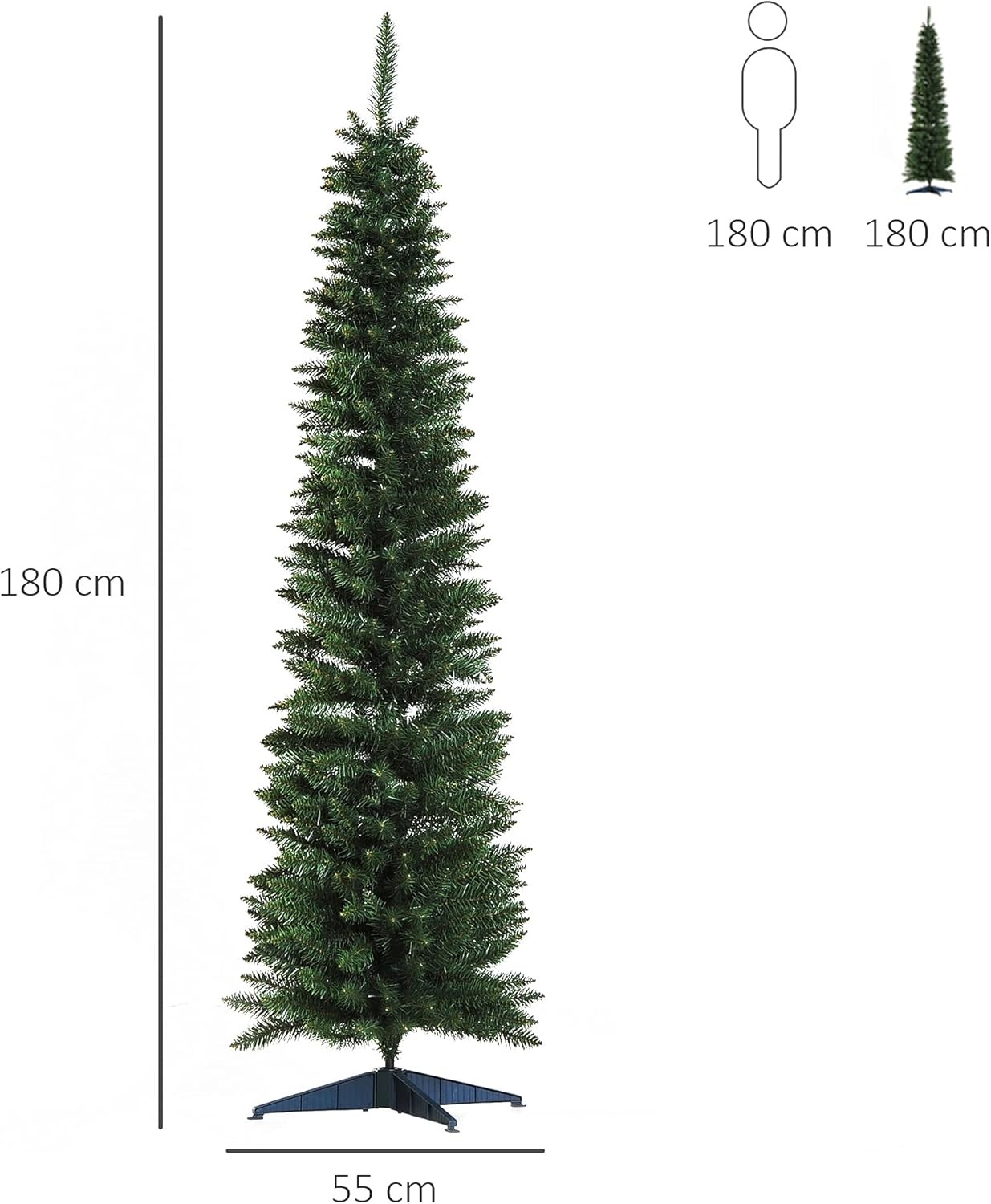 HOMCOM Albero di Natale Artificiale 180 cm con Rami Realistici, Albero di Natale Alto e Stretto con Base in Plastica, Verde