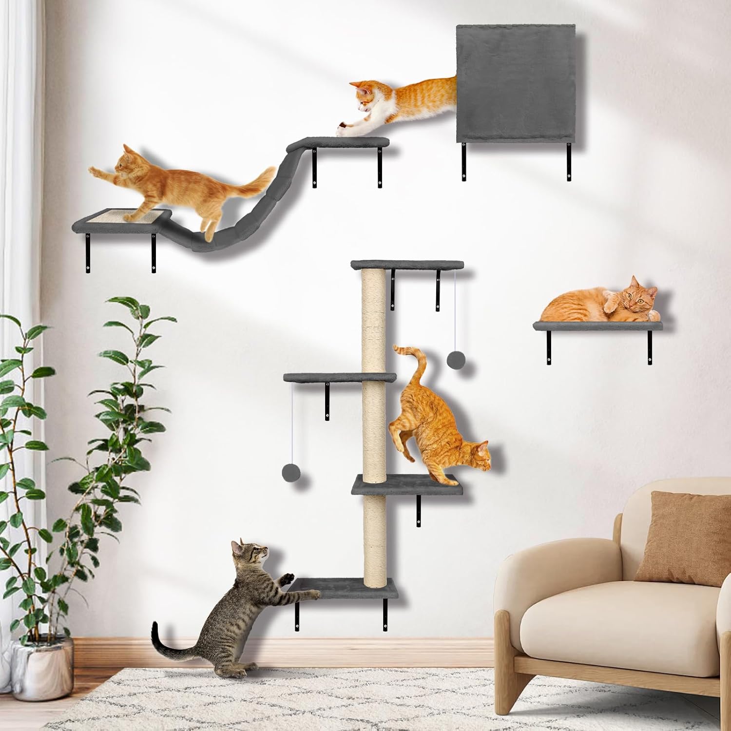 Myiosus Cat Climbing Wall, 10 Piece Cat Scratching Post Wall Scratching Post Comfortable Wall Mounted Heavy Duty Multilayer Panels, Cat Furniture with Large Hanging Bridge, Scratching Post with