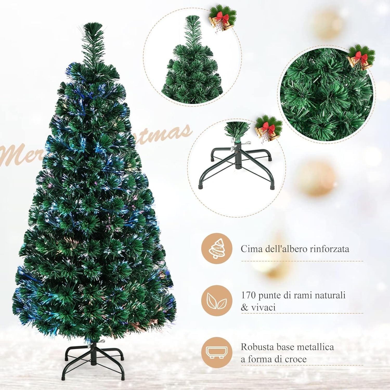 RELAX4LIFE Albero di Natale Artificiale 180cm con Luci in Fibre Ottiche Rami Folti e Realistici in PVC, Base Pieghevole in Ferro