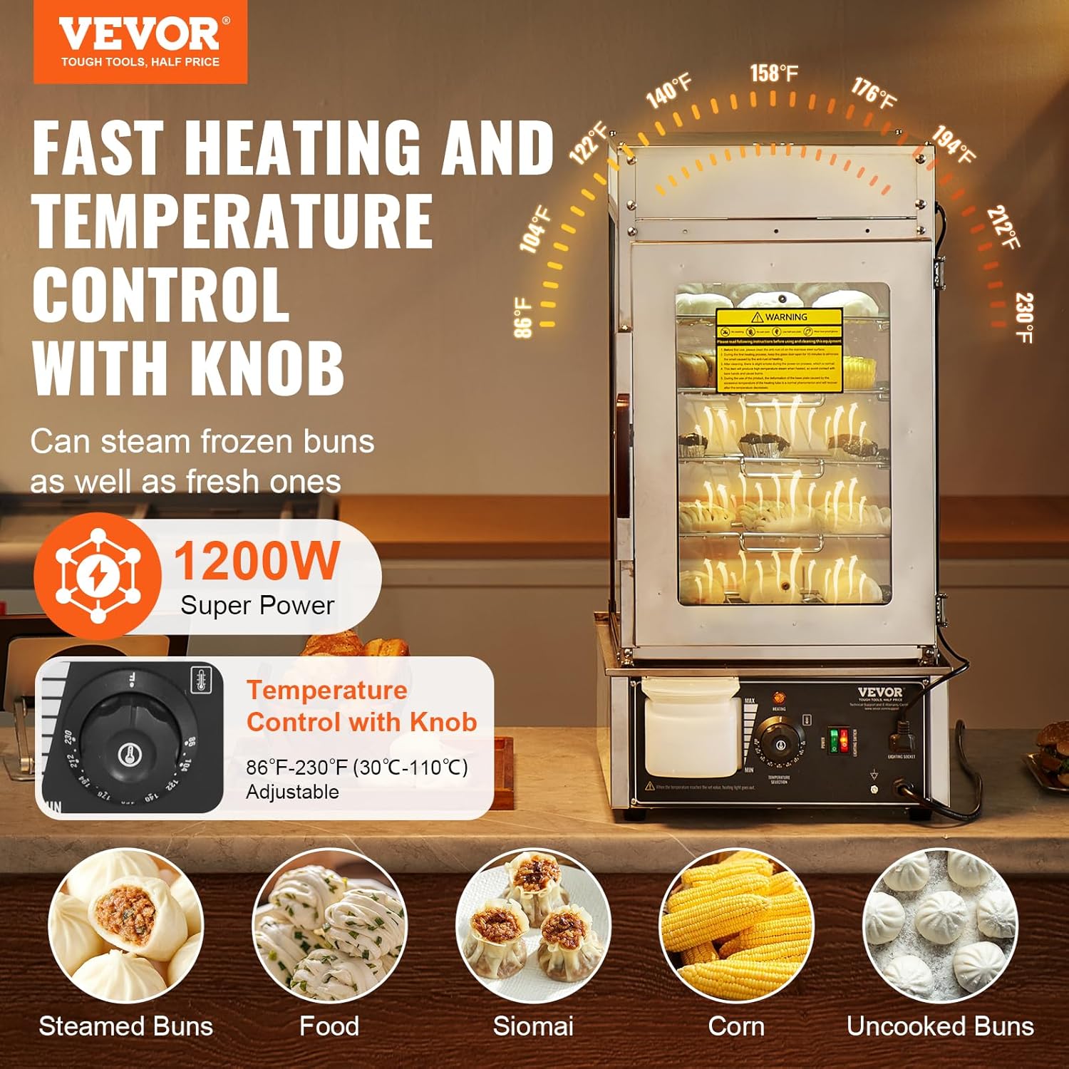 VEVOR Commercial Food Warmer Display 5 Shelves 1200W, Temperature Control 30℃~110℃, Stainless Steel and Glass Food Warmer with LED, Steam Heating for Siomai Corn Steamed Sandwiches