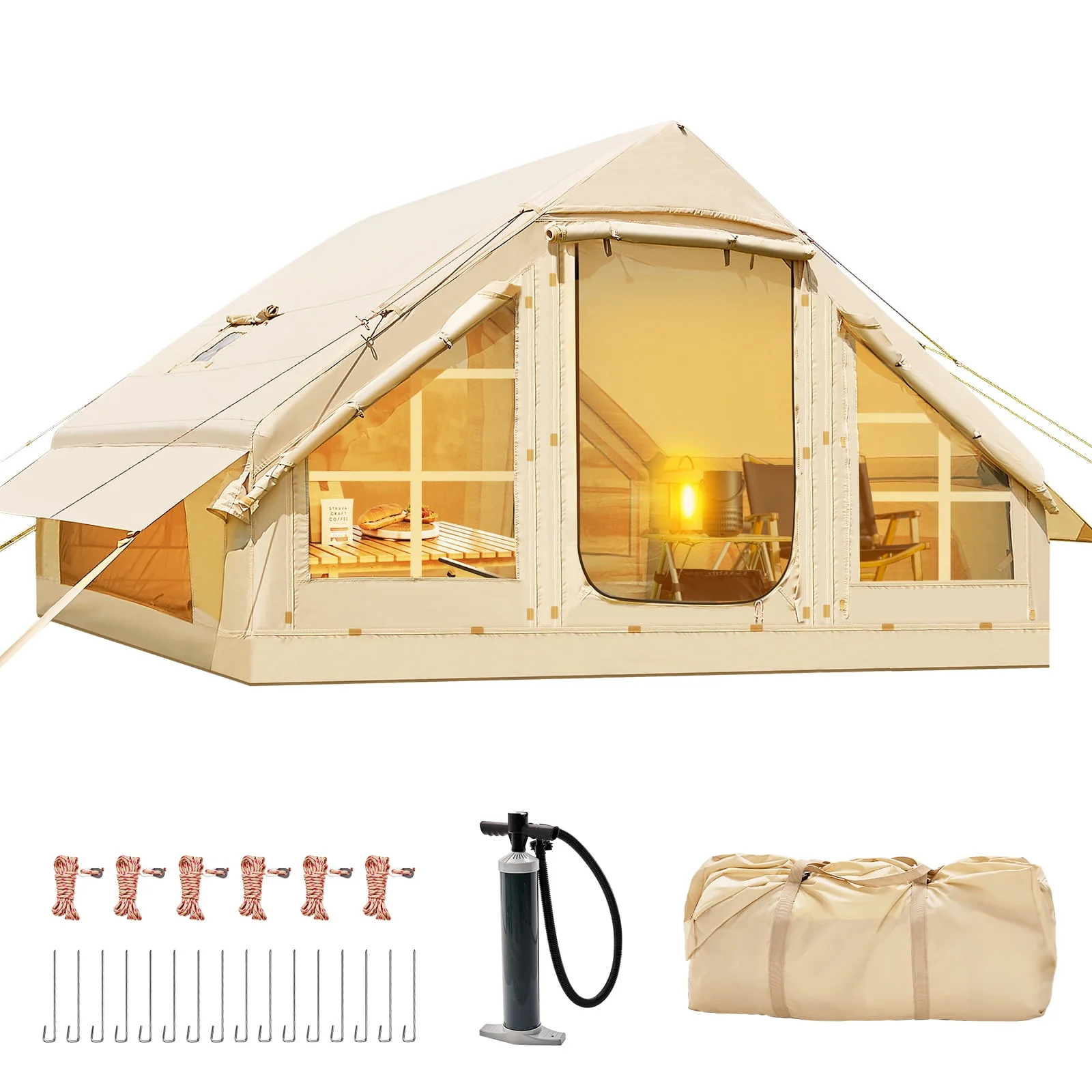 Tenda da campeggio gonfiabile per 6 persone con pompa, tenda familiare Glamping di 10 piedi x 7 piedi Facile installazione 4 stagioni impermeabile antivento all'aperto Blow Up Tent Cabina Oxford di lusso con finestre e porte a rete