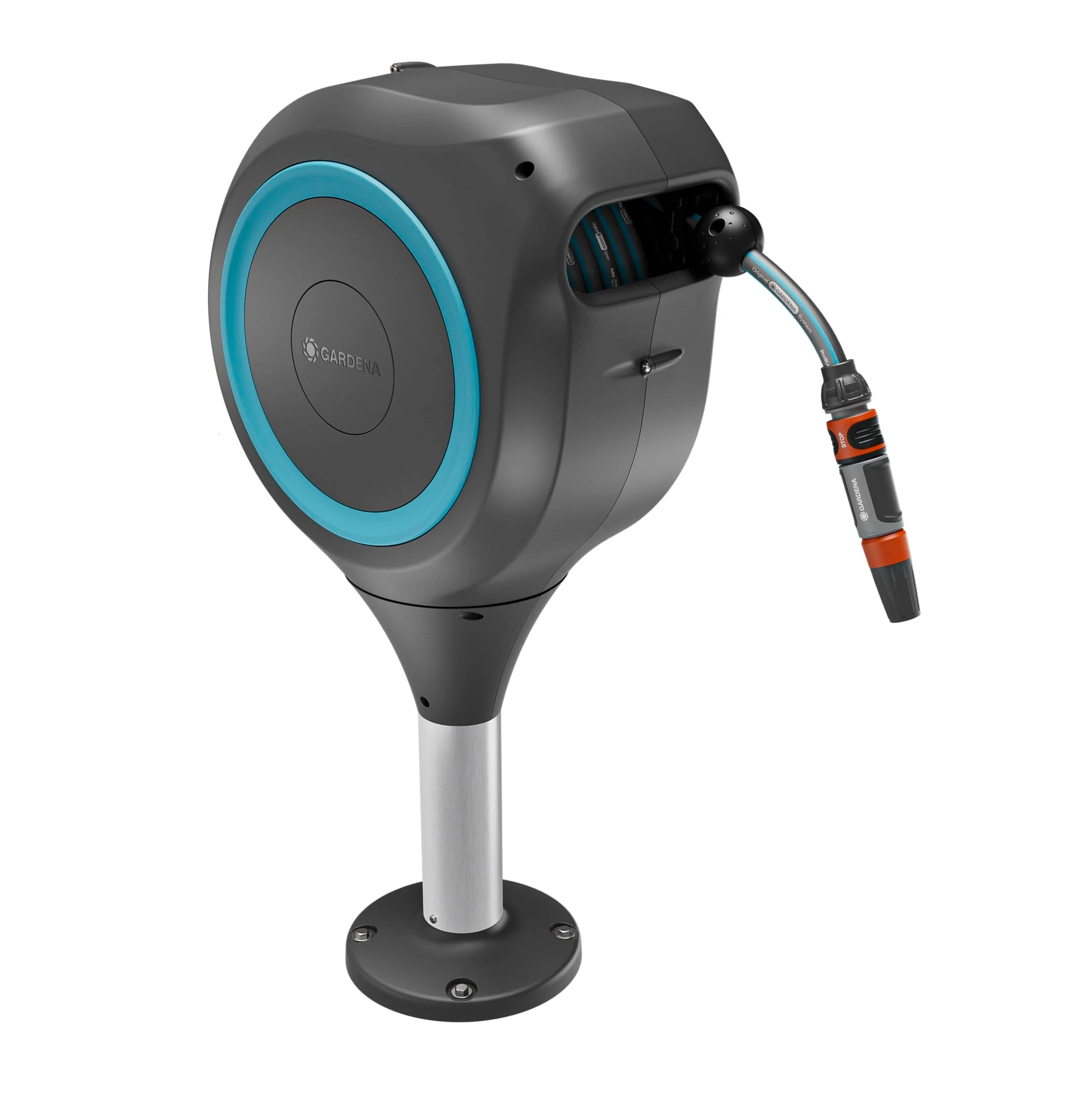 Gardena Cassetta Avvolgitubo da Terrazza RollUp M: Box resistente alle intemperie con tecnologia RollUp e tubo da 20 m, irrigazione per giardini di medie dimensioni con terrazza, avvolgimento automatico, turchese (18615-20)
