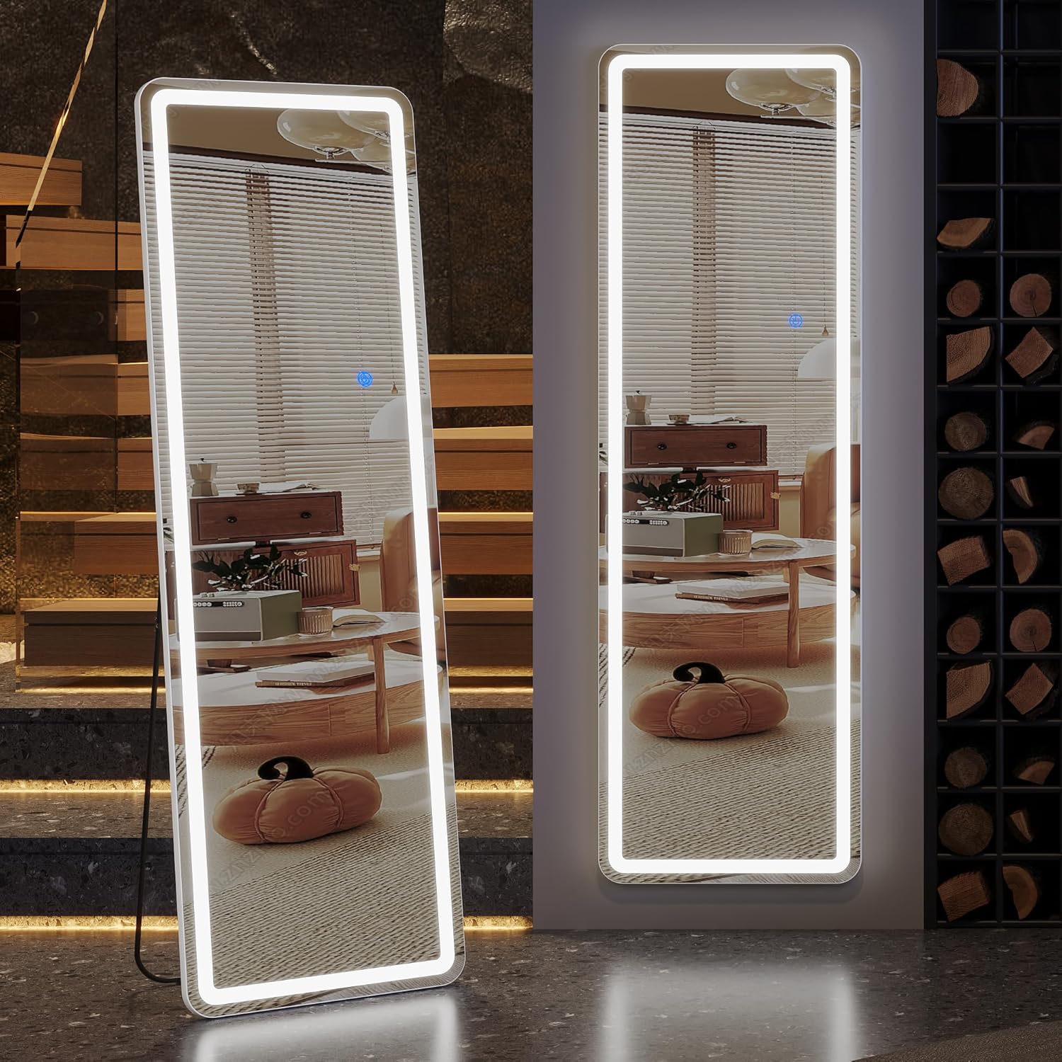 ZKIODV Specchio da pavimento per tutto il corpo con illuminazione, specchio a LED grande, 178 x 65 cm, grande specchio da parete, con supporto, specchio per camera da letto, soggiorno, corridoio (nero