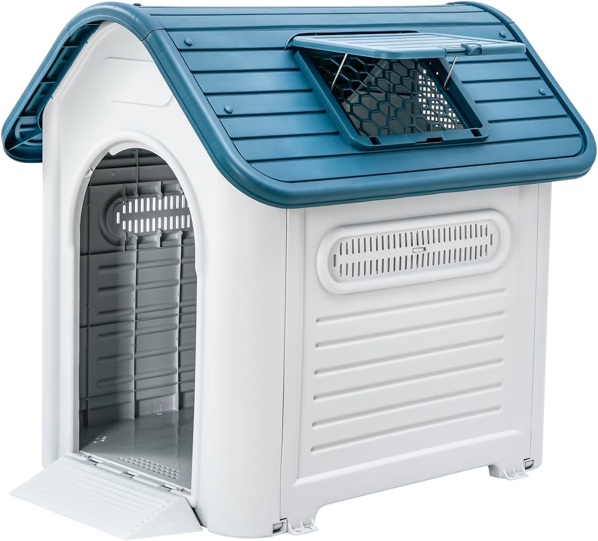 Lanco - Cuccia per cani di taglia Extra-Grande con tetto apribile regolabile. Uso interno ed esterno con prese d'aria. Materiale resistente. 126x97x113cm. Blu e Bianco.