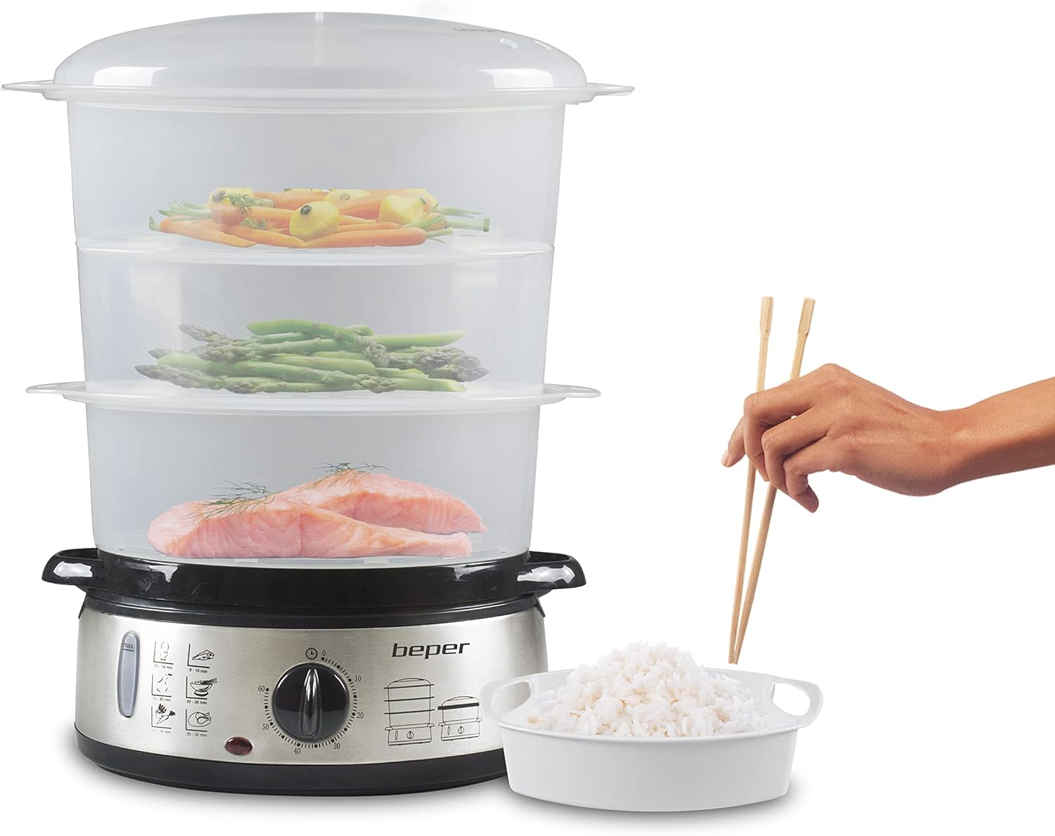 Beper BC.261 5 Litre Electric Steamer with Timer for Steaming Rice, Fish, Ravioli, Vegetables, Meat – BFA Free