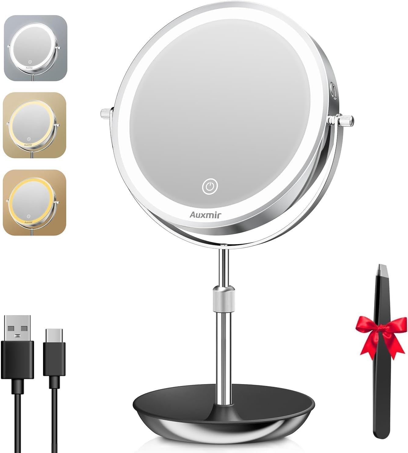 Auxmir Specchio con Luci di 3 Colori, Ingranditore 30X/1X, Luminosità Regolabile Bifacciale Rotazione a 360°con Contenitore, Ideale per Trucco, Rasatura e Cura del Viso