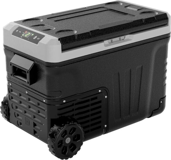 Frigorifero da 12 Volt, refrigeratore elettrico da 53 QT (50 L), congelatore portatile 12 V/24 V CC 110-240 V CA, frigorifero da 12 V -4 ° F ~ 68 ° F, refrigeratore da 12 V con ruote e 2 cestini per viaggi, camion, barca, campeggio