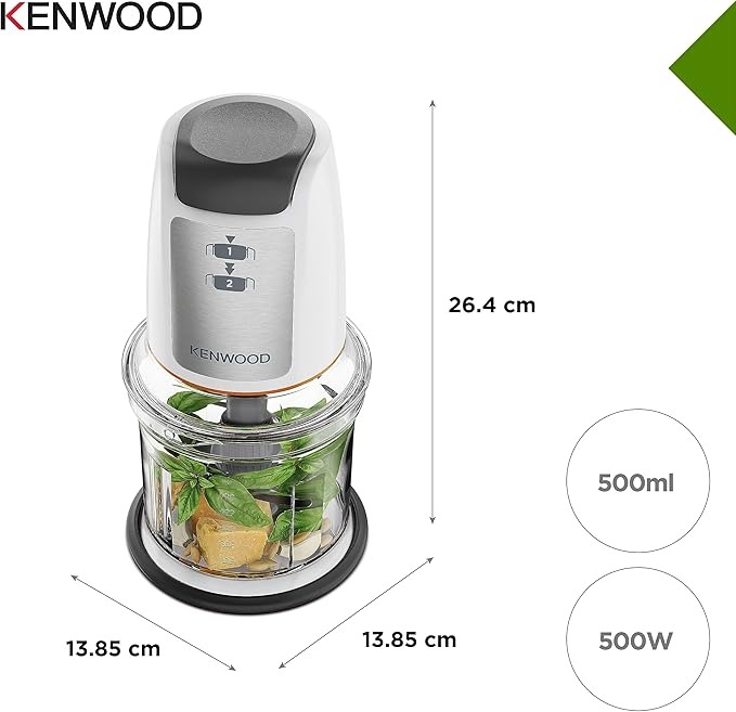 Kenwood Chopper CHP61.100WH, Potenza 500W, Ciotola da 0.5L, 2 velocità, Sistema a quattro lame, Anello antiscivolo per la stabilità del tritatutto, Lavabile in Lavastoviglie, Bianco/SIlver