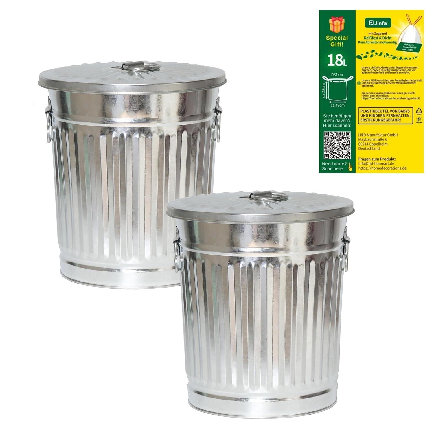 Jinfa 2 Bidoni in metallo zincato con manici e coperchio design retr貌 + 5 sacchetti per pattumiera | 脴 44 cm | Capienza 62L