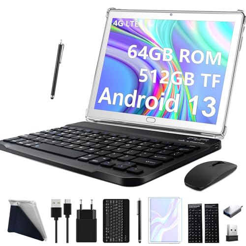 Tablet 2024 da 10 pollici, Android 13, 4 G LTE, tablet con 2 SIM 1 SD, tablet 3 in 1 con tastiera, 64 GB, ROM, 512 GB, TF, Octa Core, 1080P FHD, 13 MP, 6000 mAh, Bluetooth, WiFi GPS tipo C, argento : Informatica