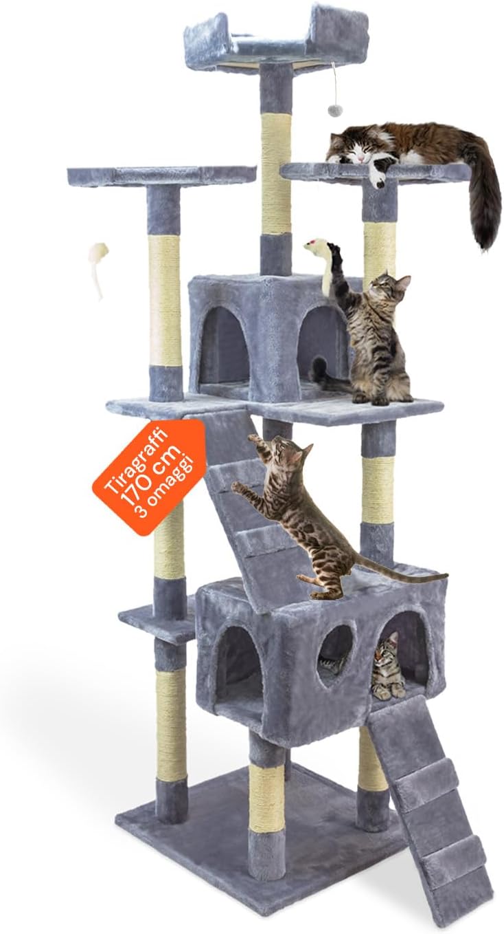 Tiragraffi XXL 170cm con Doppia Cuccia per Gatti Adulti, Albero Giochi in Sisal e Peluche, Piatteforme Relax, Ampio e Sicuro per il Massimo Divertimento dei Gatti Grigio