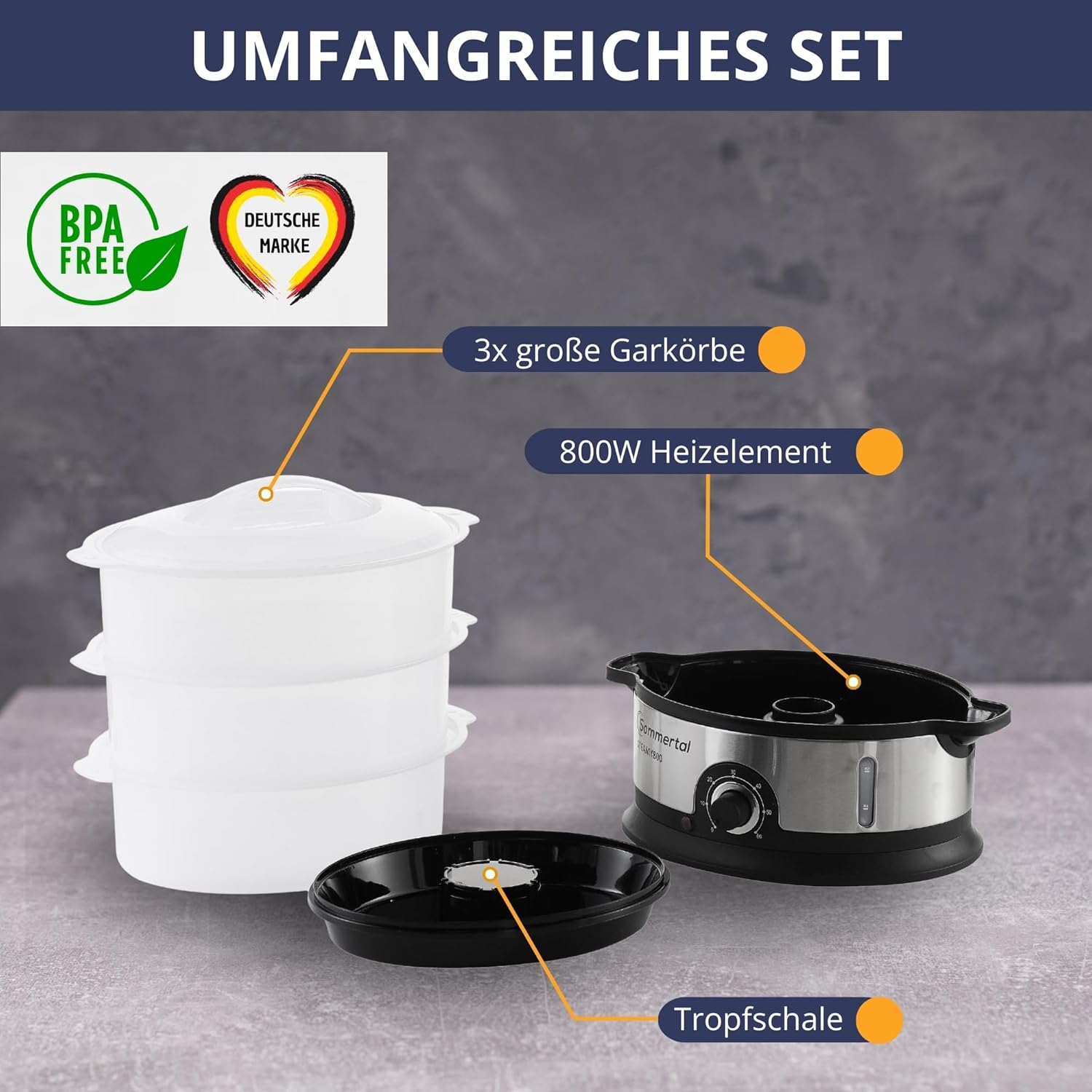 Sommertal Steamy800 Shock Absorber 800W 3 Layers Pot BPA Free Adjustable 0-60 min. Dishwasher Safe Plastic