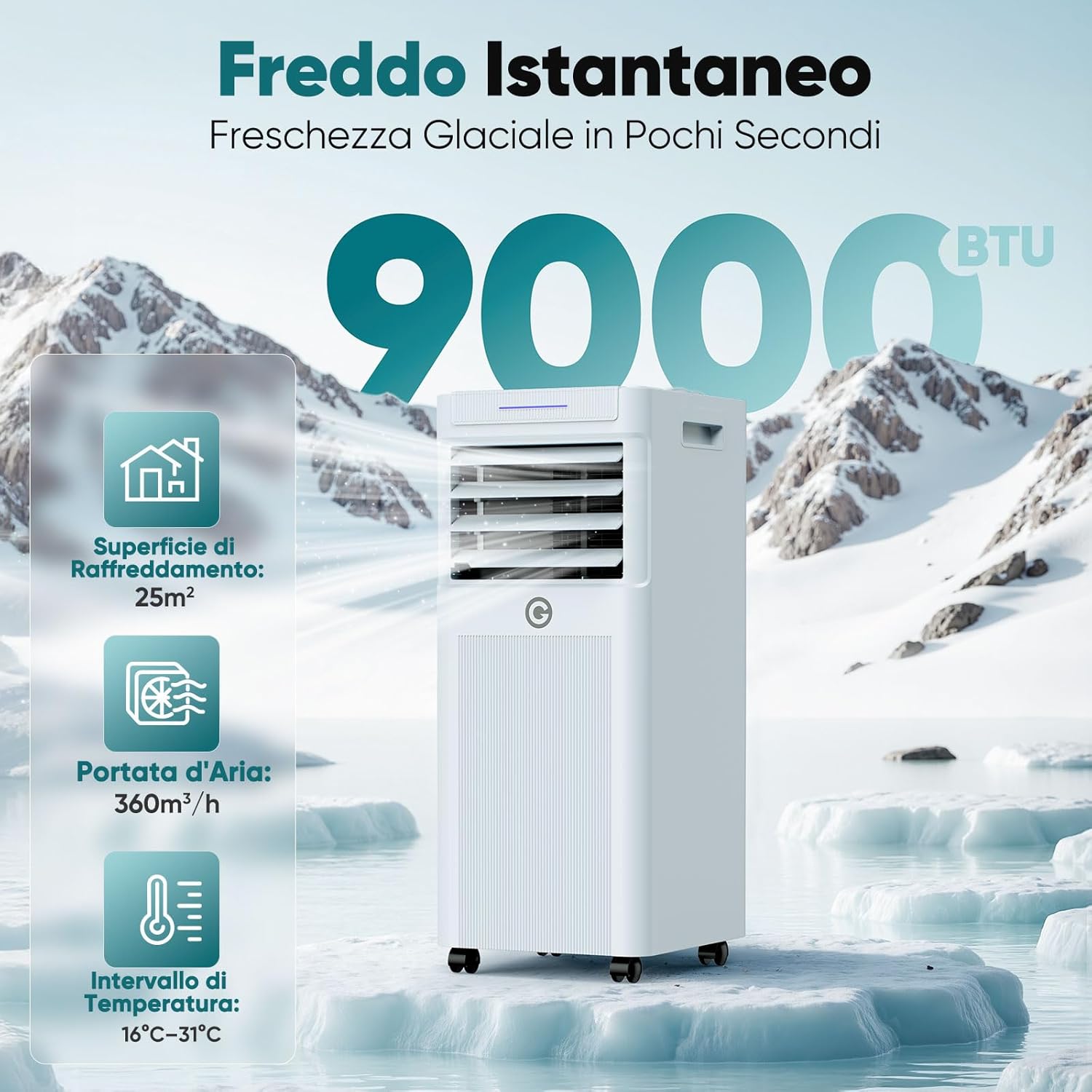 7000 BTU Portable Air Conditioner with 4 in 1 Dehumidifier, 2 Speed Cooling Fan, Digital Display and Remote Control, Window Kit, 24 Hour Timer for Rooms Up to 20 m²