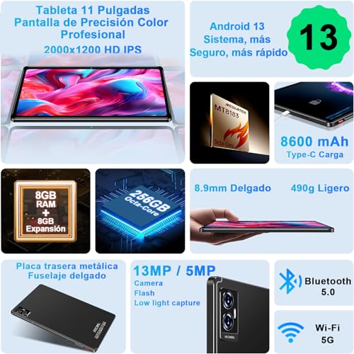 FACETEL Tablet 11 Pollici Android 13 Tablets con 5G WiFi Octa Core 2.0 GHz, 16GB   256GB TF 1TB, 8600mAh, 2K 2000×1200, 5MP 13MP 2MP, Bluetooth 5.0, Widevine L1, Tablet con Tastiera e Mouse   Nero : Informatica