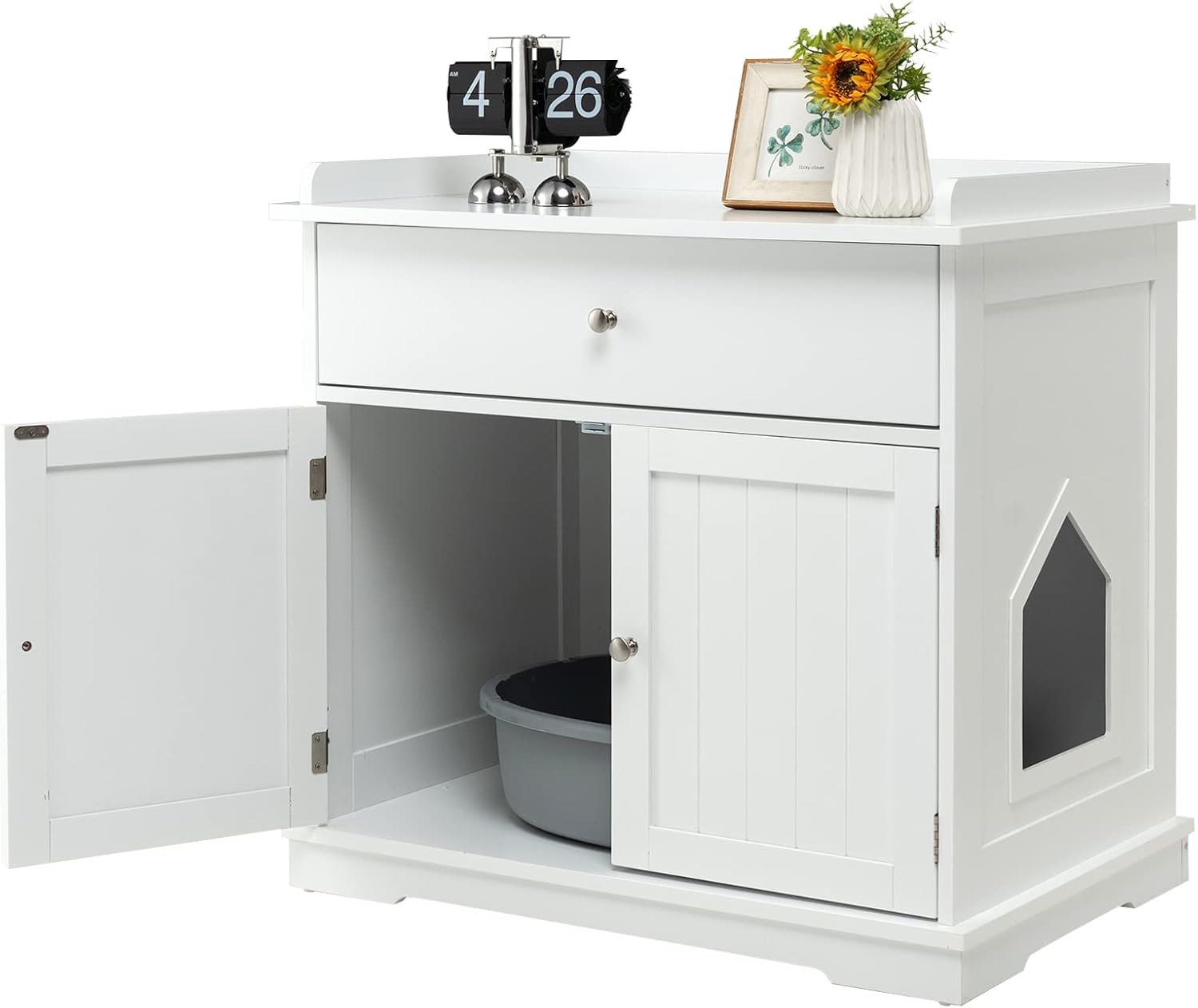 COSTWAY Wooden Cat Litter Cabinet, with Storage Box, 2 Doors, Drawer and Side Entrance, Multi-Purpose Storage Unit for Entrance and Living Room, 76 x 53 x 74 cm, Maximum Load 30 kg (White)