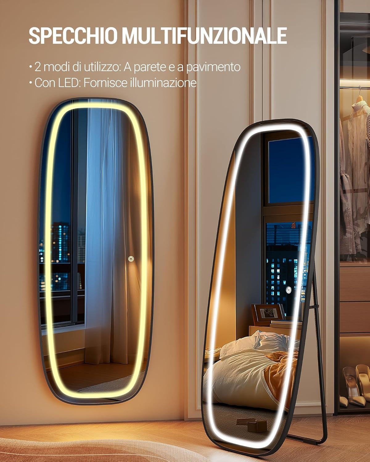 Hzuaneri Specchio da terra con luci, LED Specchio da Parete Lungo, 160 x 50 cm, Specchio Curvo da Terra con supporto, 3 colori di illuminazione, Adatto per Camera da Letto, Soggiorno, Nero DM41801B