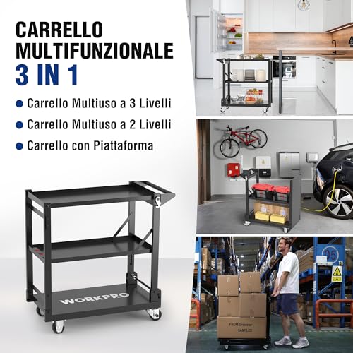 WORKPRO 3 IN 1 carrello pieghevole con ruote portatutto e 3 Ripiani, carrello porta attrezzi multifunzione carico di 135 kg con 4 Ruote (2 con Freno) Ideale per garage, magazzini, uffici, cucine : Amazon.it: Giardino e giardinaggio
