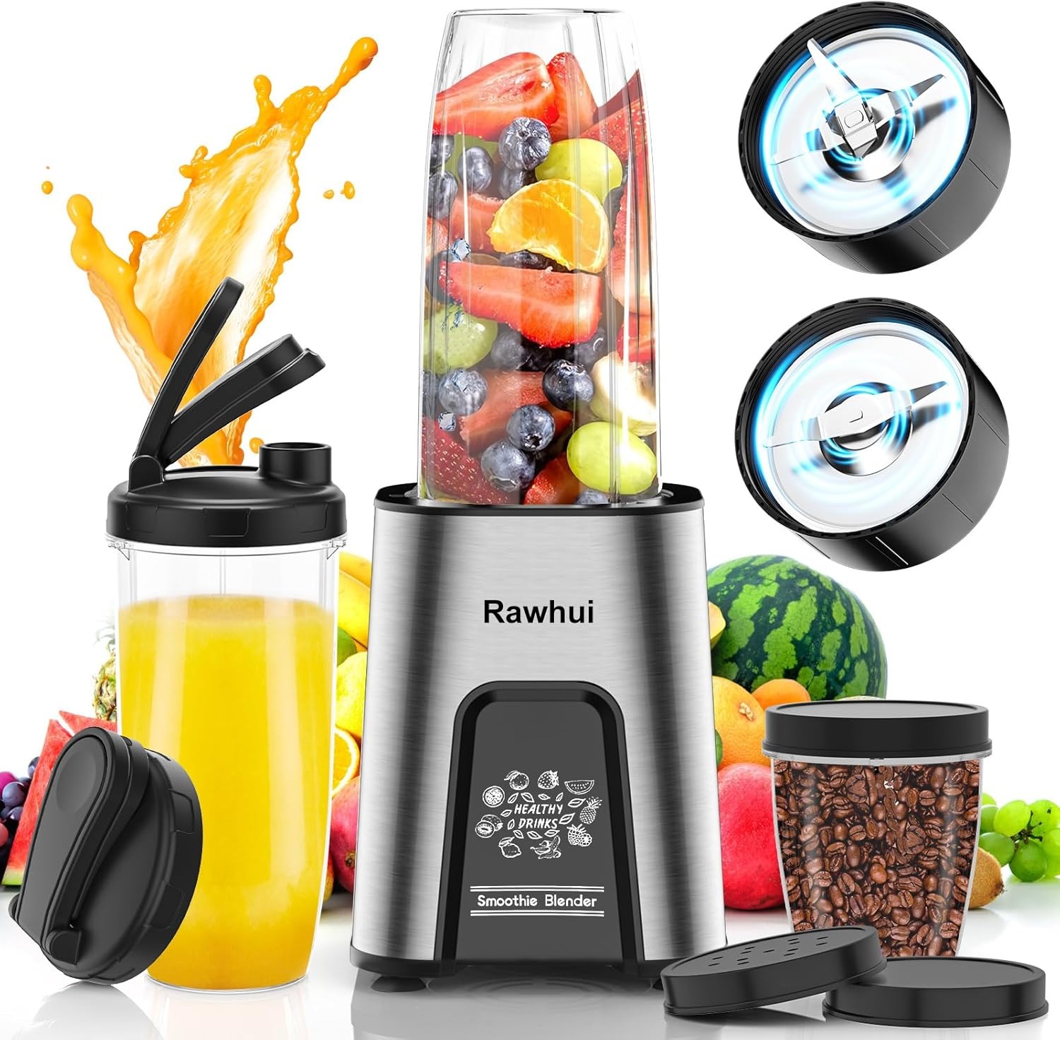 Rawhui Frullatore Elettrico 800W, Portatile Blender per Smoothie, Mini Frullatori da Tavolo con 6 Lame in Acciaio Inox, Mixer Cucina con 2 Bottiglie da 600ml e 2 Coperchi da Viaggio, Senza BPA