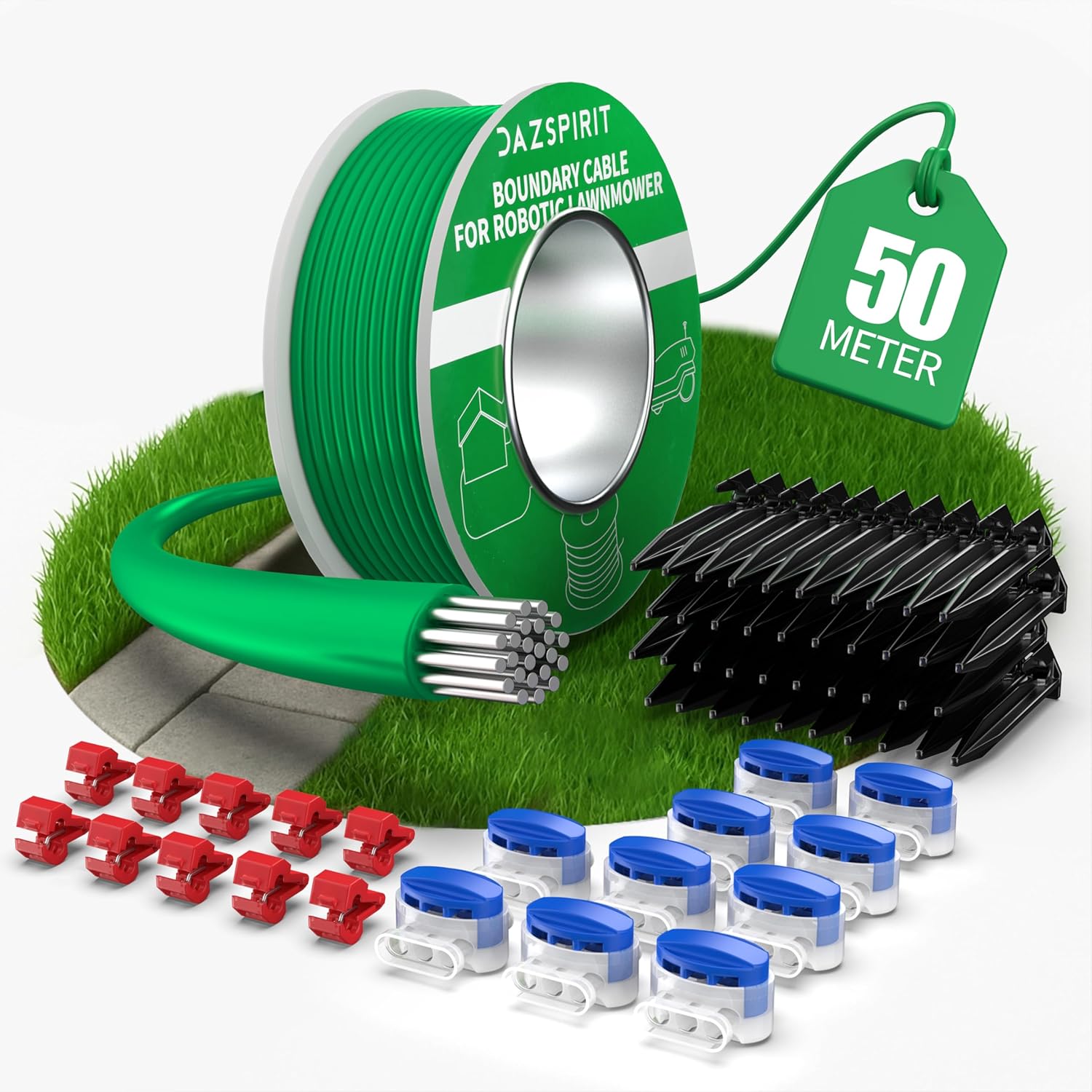 DazSpirit 100 m Perimeter Cable for Robot Lawnmower + 50 Pegs + 10 Connectors, 10 Connection Terminals, Accessory Kit for Electric Lawnmower, Compatible with Gardena Bosch Husqvarna USW