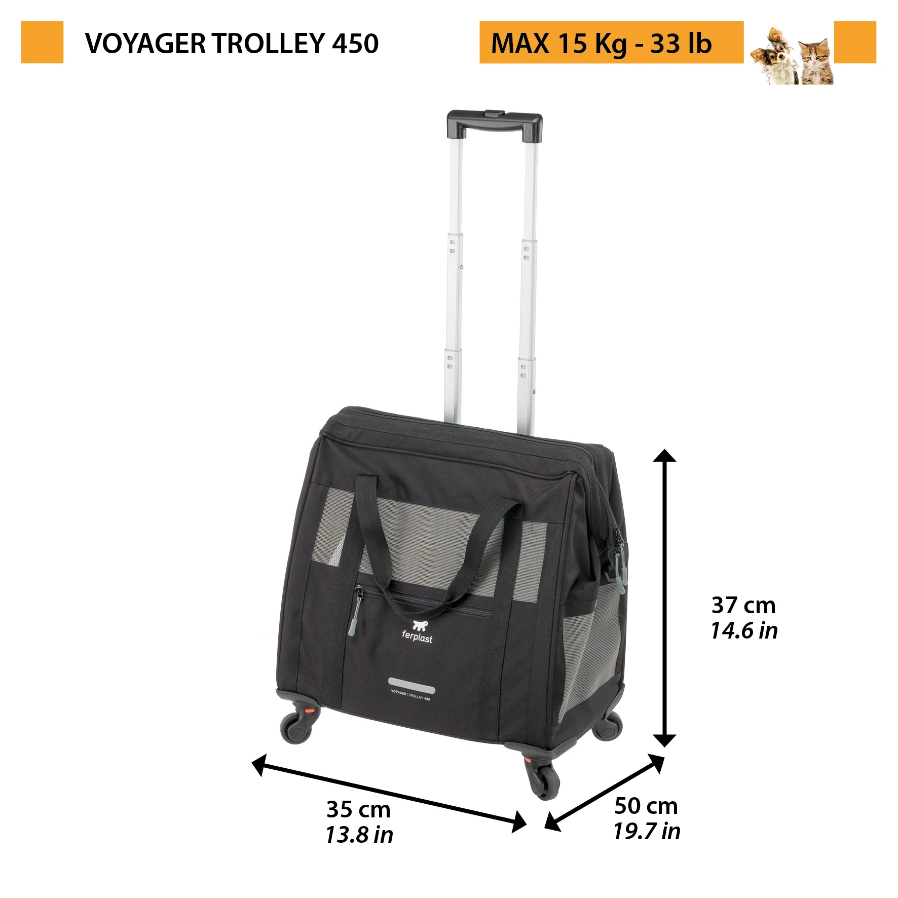 2025 Voyager Trolley di Ferplast – elegante e leggero trolley in similpelle per gatti e cani di piccola taglia fino a 15 kg. Con ruote, finestre in rete e cintura di sicurezza – perfetto per viaggi comodi.