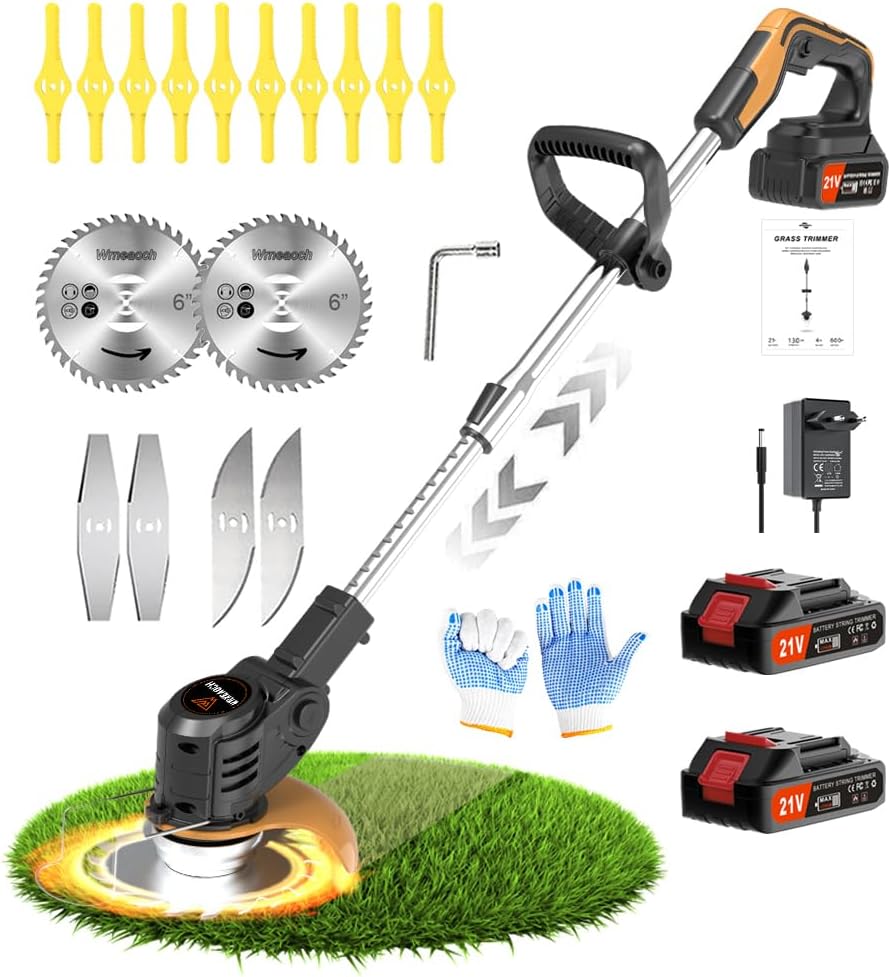 Wrneaoch 21 V Battery Trimmer Trimmer Electric Brush Cutter with 6,000 RPM and 650W Motor with 2 Batteries of 2.0 Ah is Ideal for Cutting Grass Effectively and Without Effort
