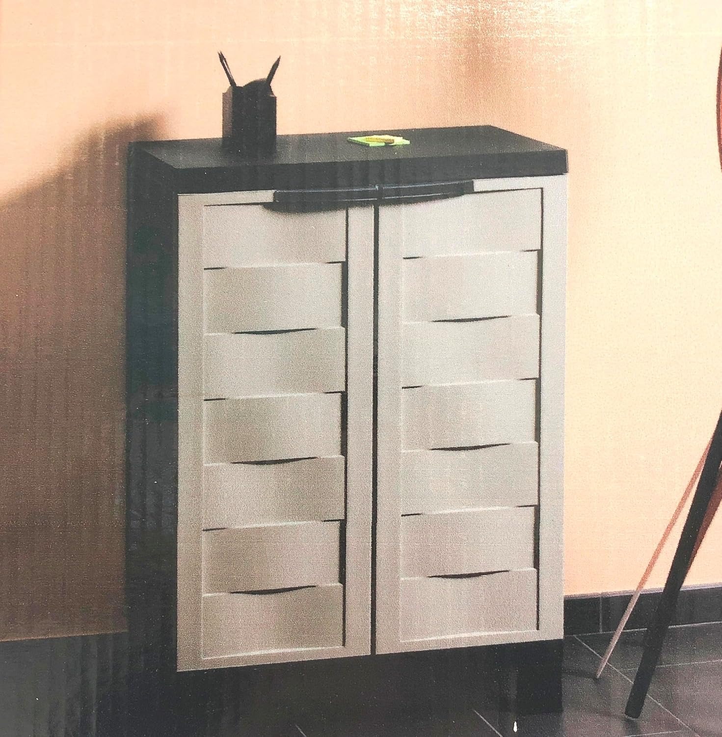 SF SAVINO FILIPPO Mobile in dura plastica di resina grigio e nero con 2 ante e 1 piano da interno per esterno balcone terrazzo casa