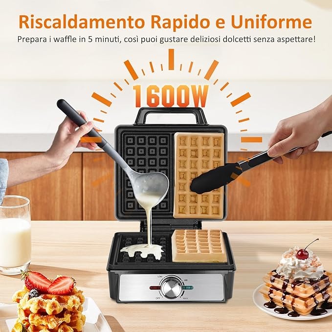 Aigostar Waffle Maker per 2 Waffle Belgi, 1600W, Piastre Antiaderenti 20,2 x 17,2 x 2 cm, Piastra per Waffle con Temperatura Regolabile, Indicatore LED, Design Compatto in Acciaio Inox, Senza BPA