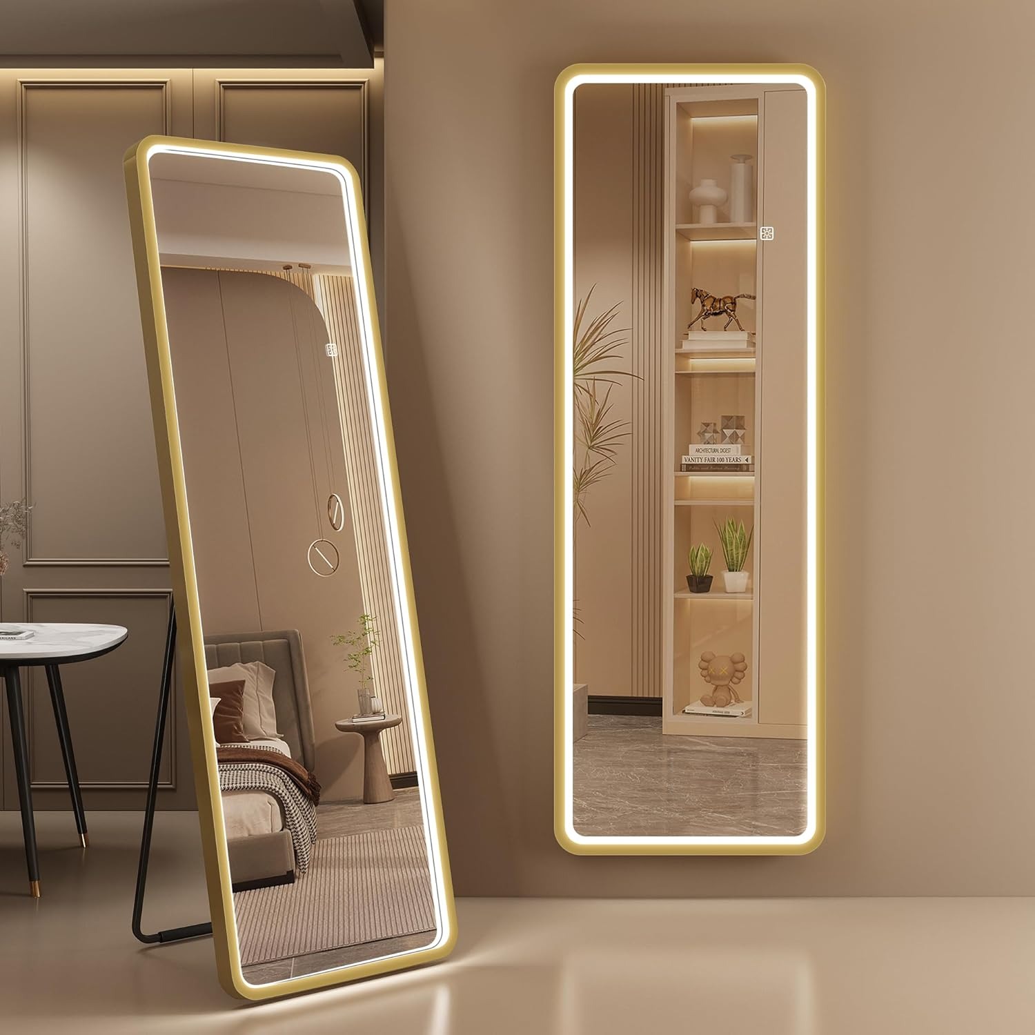 S'bagno Specchio da Parete Lungo con Luci 160x50 cm, Telaio in Alluminio, LED Specchio da Terra 3000-6500K & Memoria, Vetro Rinforzato, Specchio Lungo da Parete per Spogliatoi e Camere da Letto, Oro