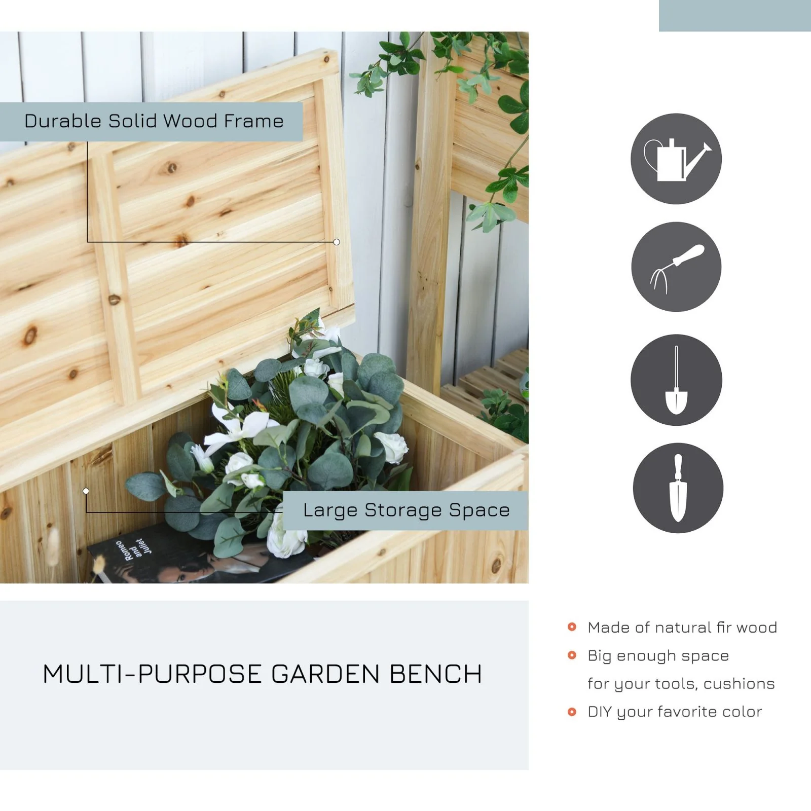 Easycomfort Panca Contenitore da Esterno in Legno di Abete Naturale con Schienale per Giardino e Terrazza, 115x45x75cm