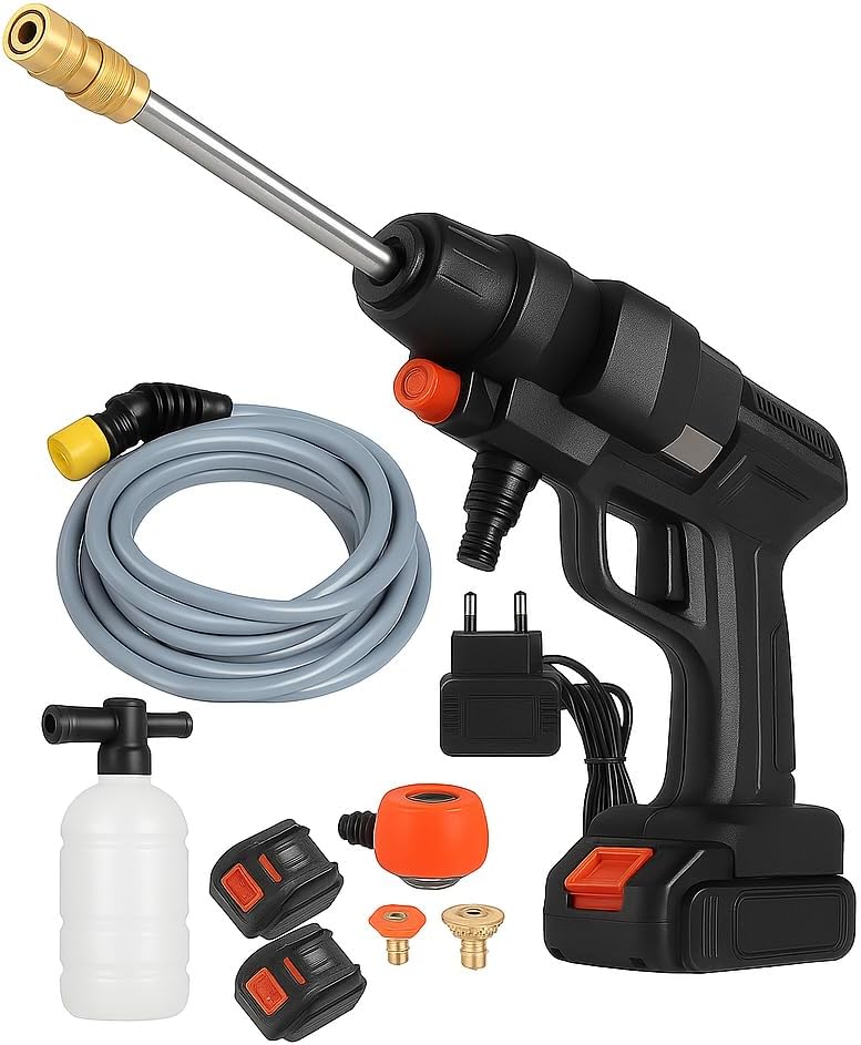 Idropulitrice a Doppia Batteria 48V 8000Mah, Ugello 6 in 1, Idropulitrice Portatile con 2 Batterie e Tubo da 5M, Pulitore ad Alta Pressione Senza Fili per Auto, Giardino, Pavimenti e Esterni