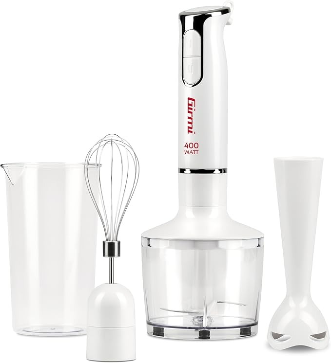 Girmi MX17 Mixer ad immersione con Kit, 3 in 1 frullatore-mixer-frusta, 400 W, Motore DC, 2 Velocità, Lame INOX, Misurino da 700cc incluso, Bianco