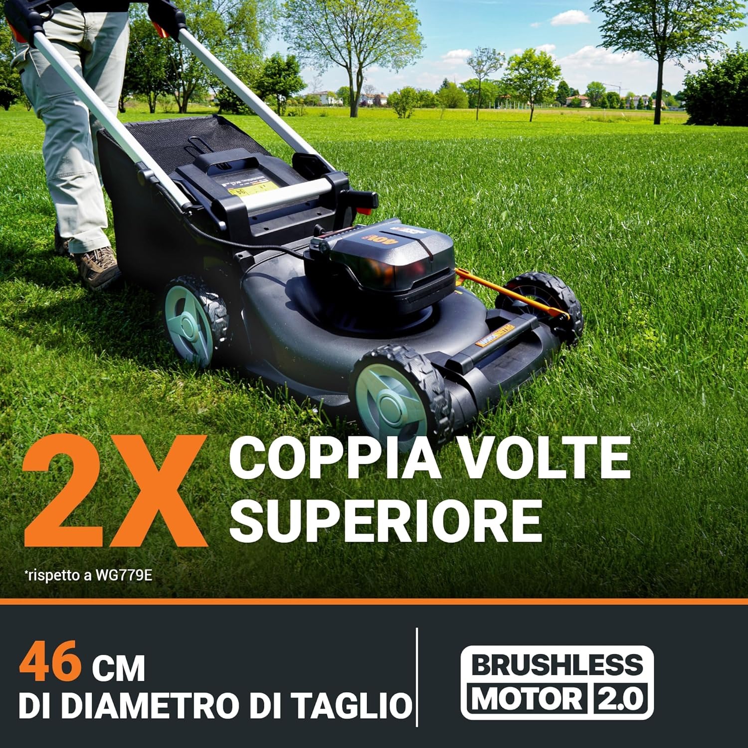 Rasaerba Nitro 40 V (2 x 20 V) WORX | PowerShare | WG749E | Include 2 batterie 4 Ah e caricatore doppio | 46 cm con trazione | Mulching | 7 posizioni di altezza