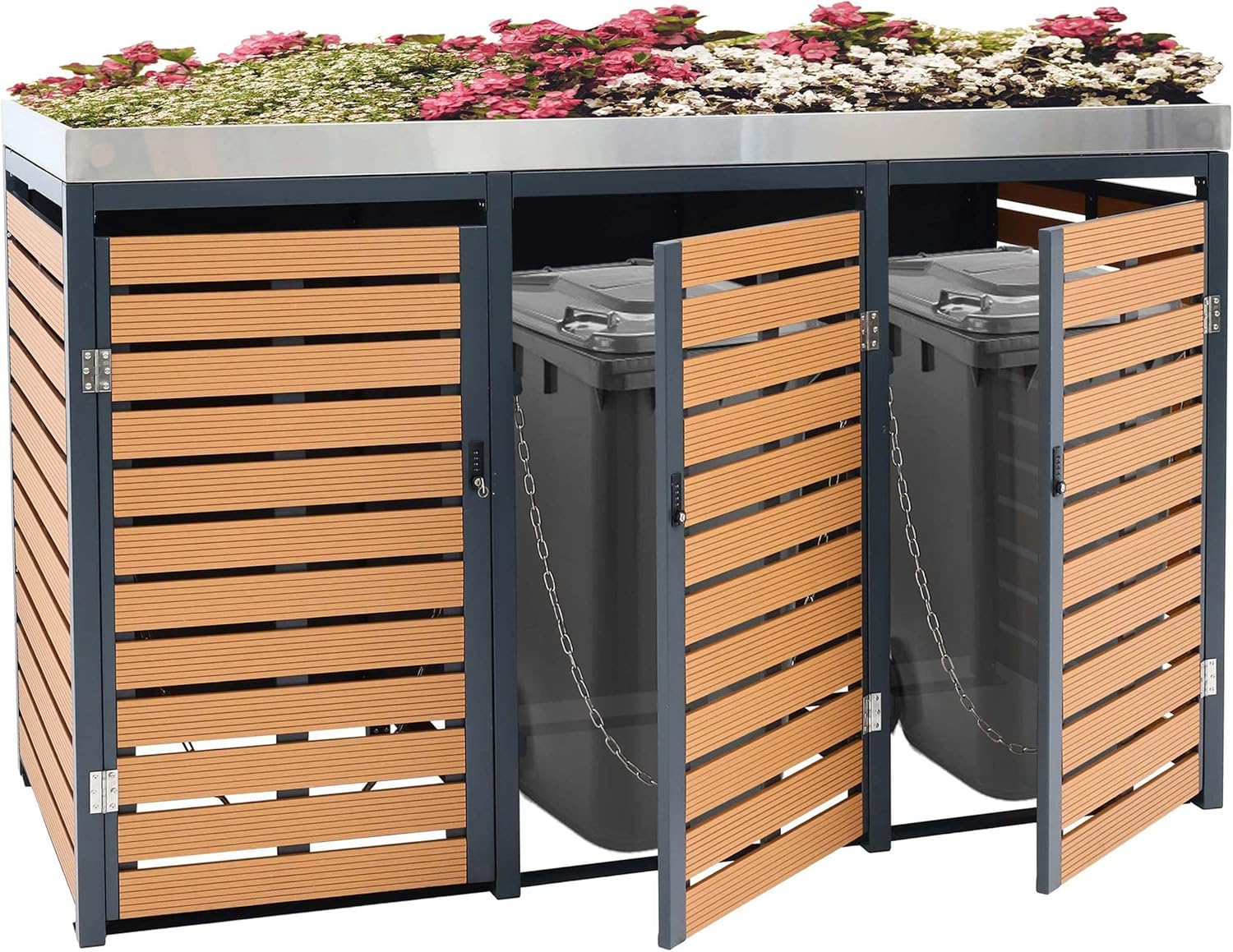 3x copribidoni box spazzatura rifiuti con fioriera HWC-K14 84x200x124cm metallo WPC teak