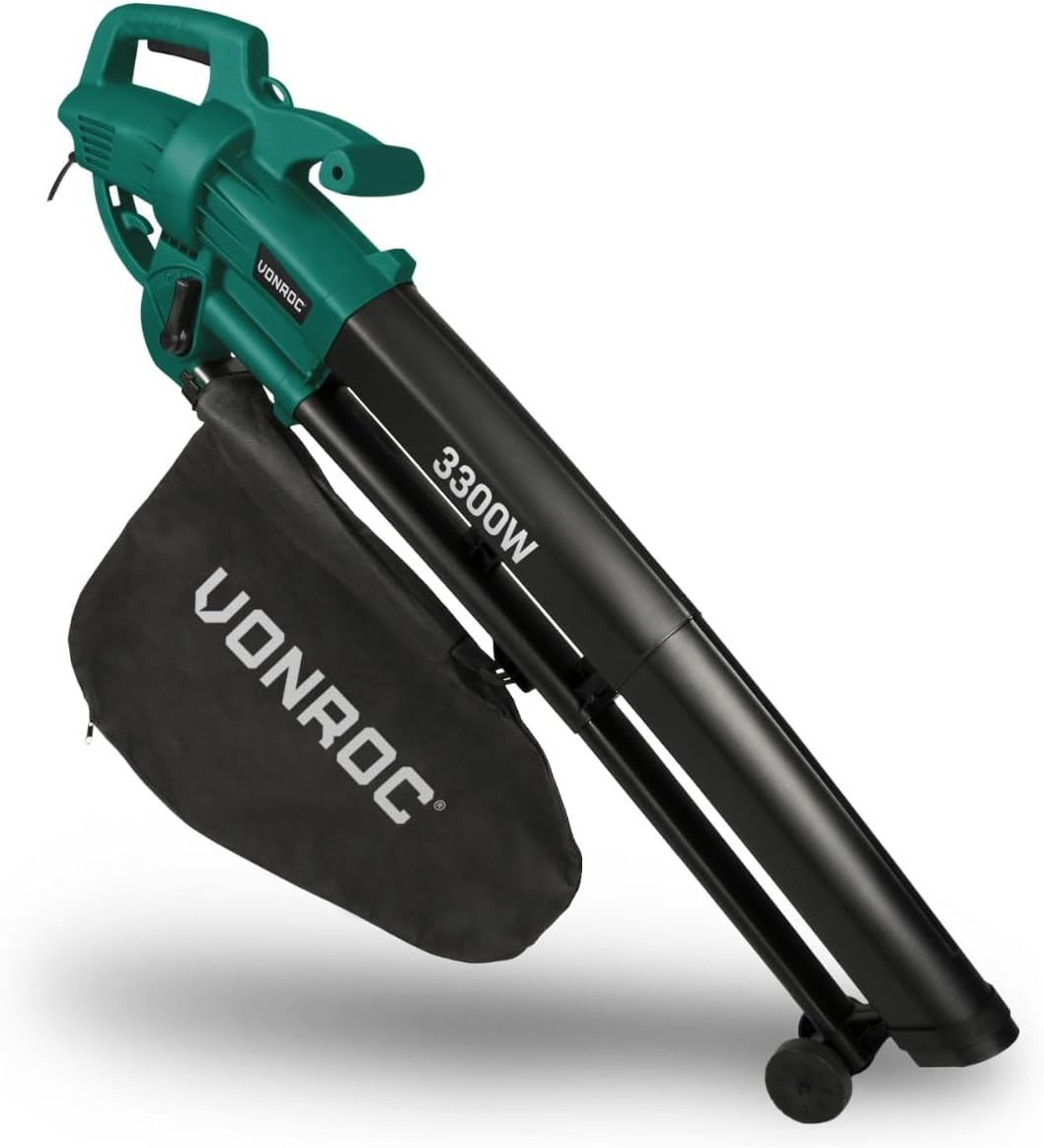 VONROC Leaf Blower with Bag Electric 3000W 3-in-1 - Shredder Vacuum Cleaner - Powerful and Lightweight for Garden and Terrace