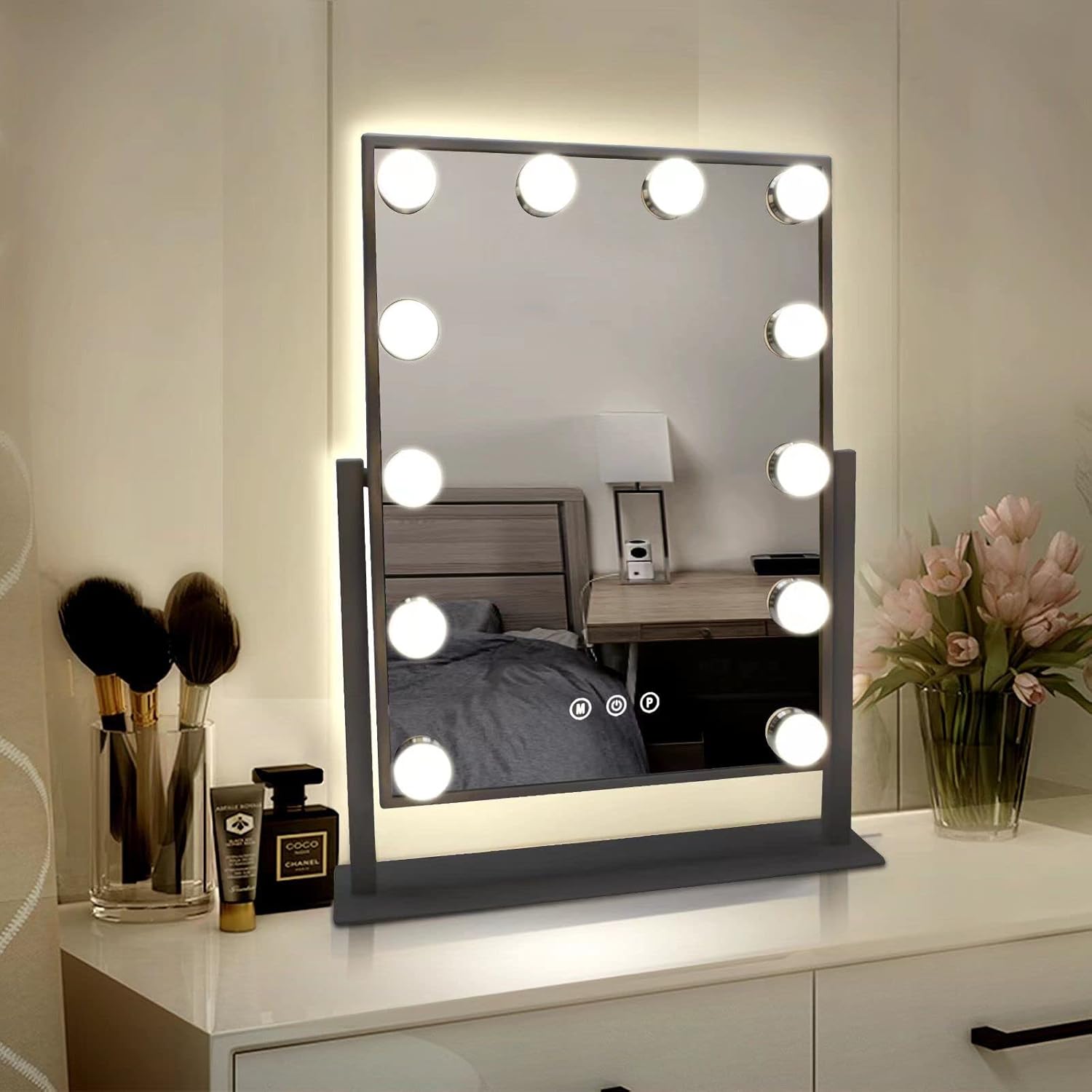 TUREWELL Hollywood - Specchio da trucco con luci, grande specchio illuminato con luce a 3 colori e 12 lampadine a LED dimmerabili, schermo touch intelligente e rotazione di 360 gradi