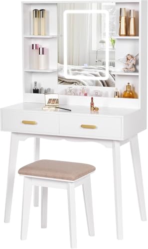 BEWISHOME Toeletta da Trucco con Specchio, Toeletta Bianca con Sgabello, Tavolo da Trucco con Luci LED e 3 Modalità Colore, Postazione Trucco con 2 Cassetti e 4 Ripiani Aperti,Toeletta Moderna EFST22W : Amazon.it: Casa e cucina