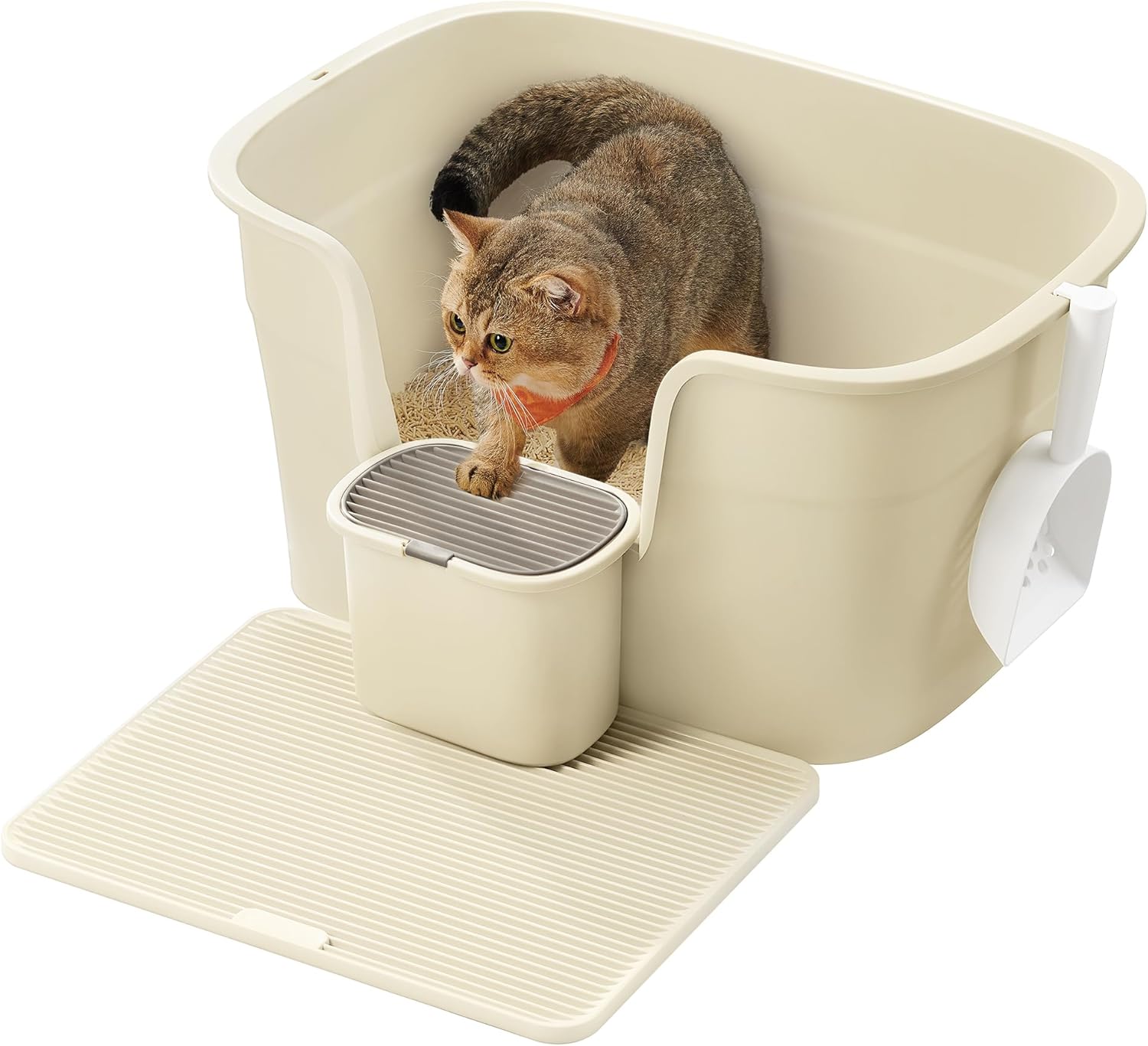 Feandrea Cat Litter Tray for Cats in the House, Extra Wide Raised Sides with Litter Pickup Table, Storage Box, Scoop for Multiple Large Cats, Cappuccino Beige PPT003K01