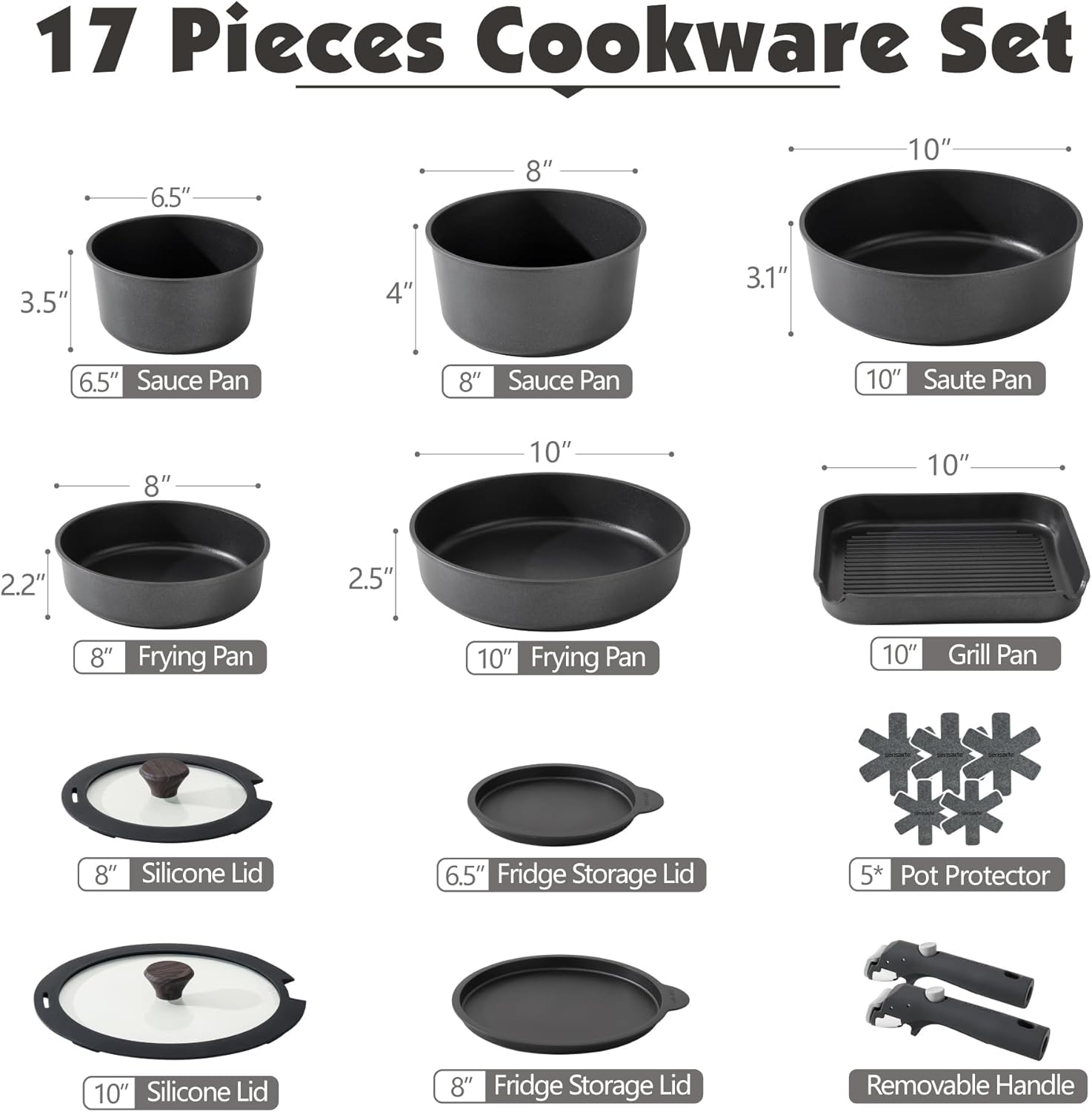 SENSARTE 17 Piece Non-Stick Granite Pan Set with Removable Handles Induction Frying Pan 20/26cm Saucepans 16.5/20cm Wok 26cm Grill Pans 26cm Stackable