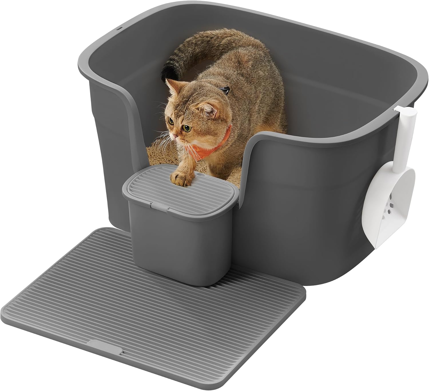 Feandrea Cat Litter Tray for Cats in the House, Extra Wide Raised Sides with Litter Pickup Table, Storage Box, Scoop for Multiple Large Cats, Cappuccino Beige PPT003K01