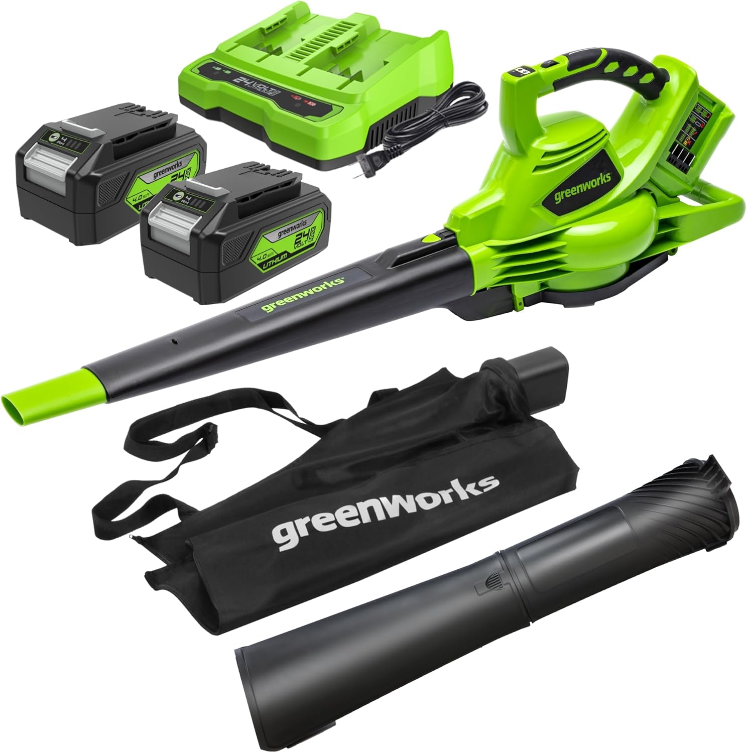Greenworks GD24X2BVK4X 48V(2x24V) Battery Blower with Shoulder Strap, Brushless Motor, 322 km/h, 9m³/min, Collection Bag 45L, 2 4Ah Batteries, and Charger, 3 Year Warranty
