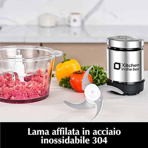Kitchen in the box Tritatutto 2L con 2 Ciotole,Frullatore con 2 Set di 4 Lame in Acciaio inox,Tritatutto Elettrico a 2 Velocità per Verdure,Carne,Frutta Secca,400W