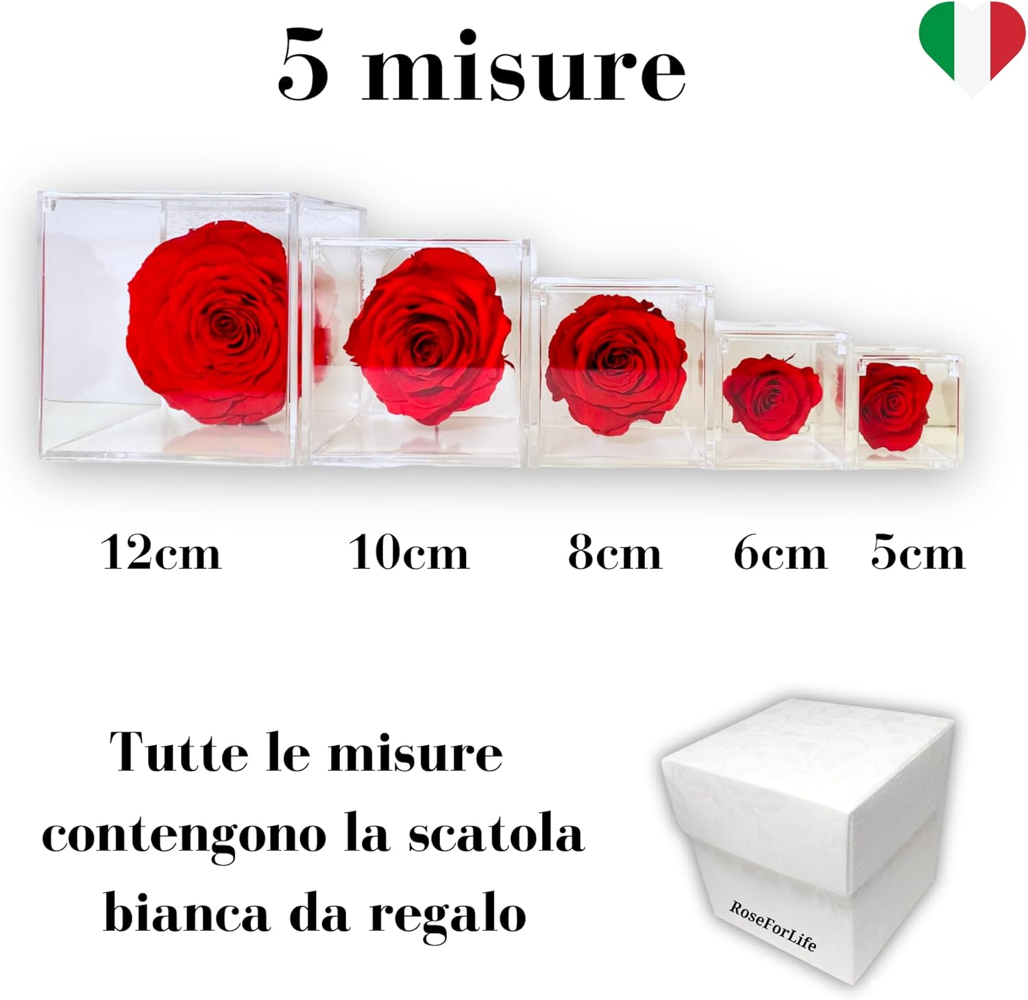 PREMIUM ROSE - Cubo Rosa Stabilizzata Rossa Profumata 8cm con Marmo di Carrara - Rosa Eterna Stabilizzata Rossa Idea per San Valentino, Natale Made in Italy - Rosso 1080