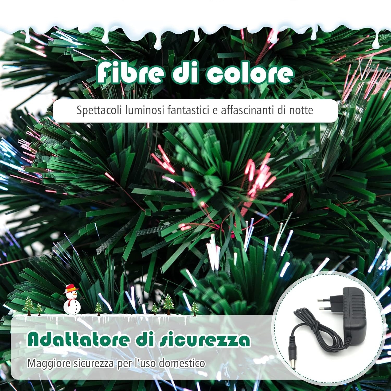 RELAX4LIFE Albero di Natale Artificiale 180cm con Luci in Fibre Ottiche Rami Folti e Realistici in PVC, Base Pieghevole in Ferro