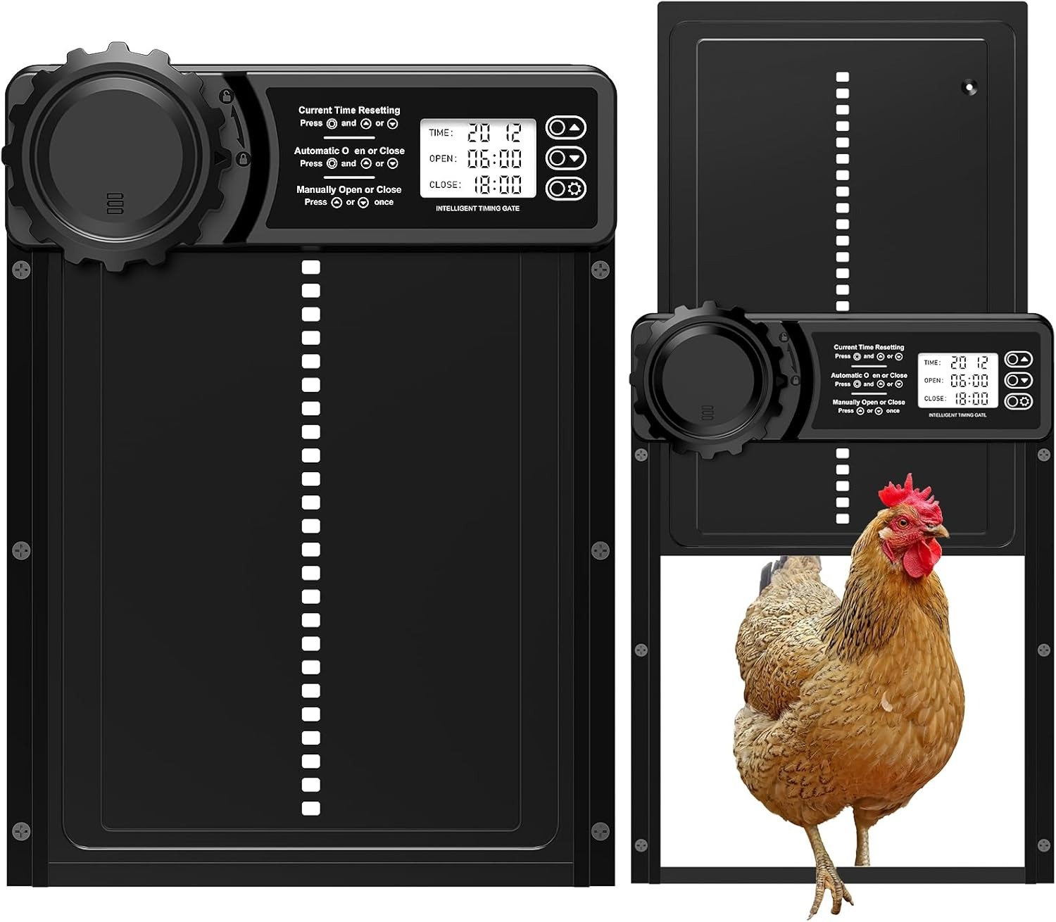 CHAMUTY Porta Automatica per Pollaio con Display, Porta Automatica Pollaio Alluminio, Timer di Ritardata Serale e Mattutina, Porta Pollaio Automatica, Nero