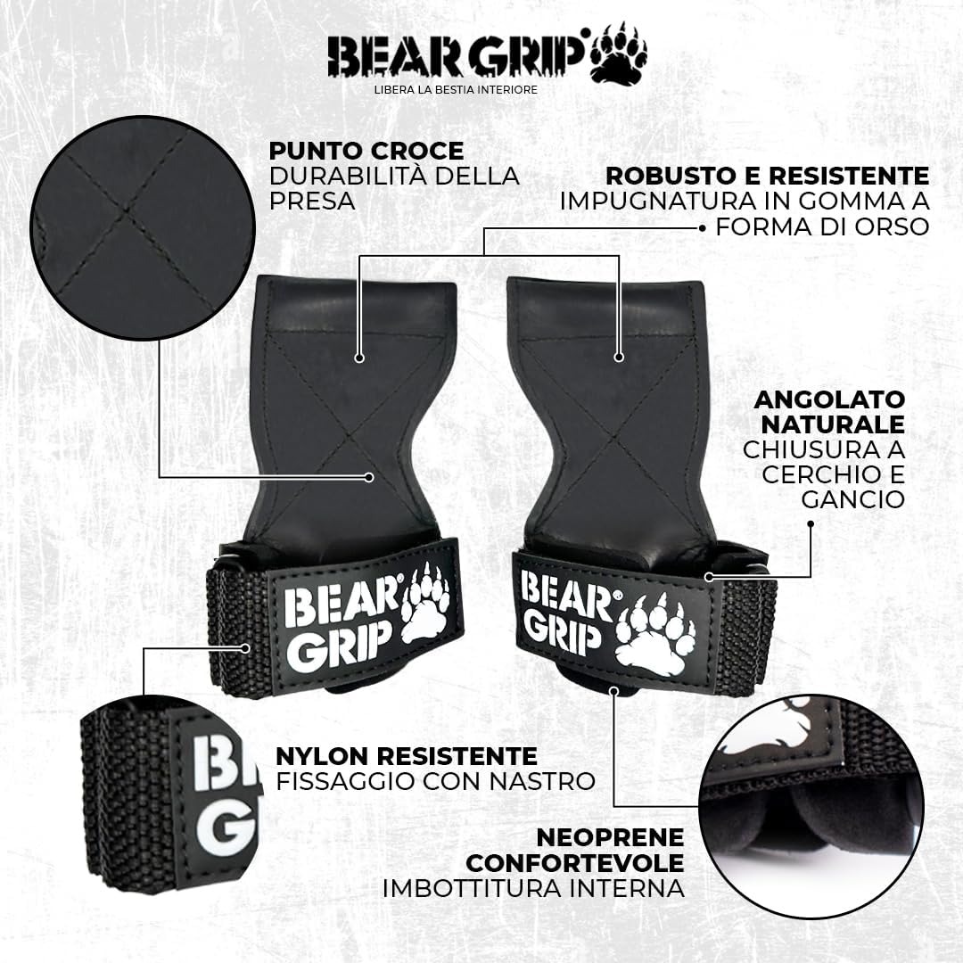 BEAR GRIP Multi Grip Straps/Hooks, Premium Fasce/Ganci Multi Grip per Sollevamento Pesi Pesanti/Guanti