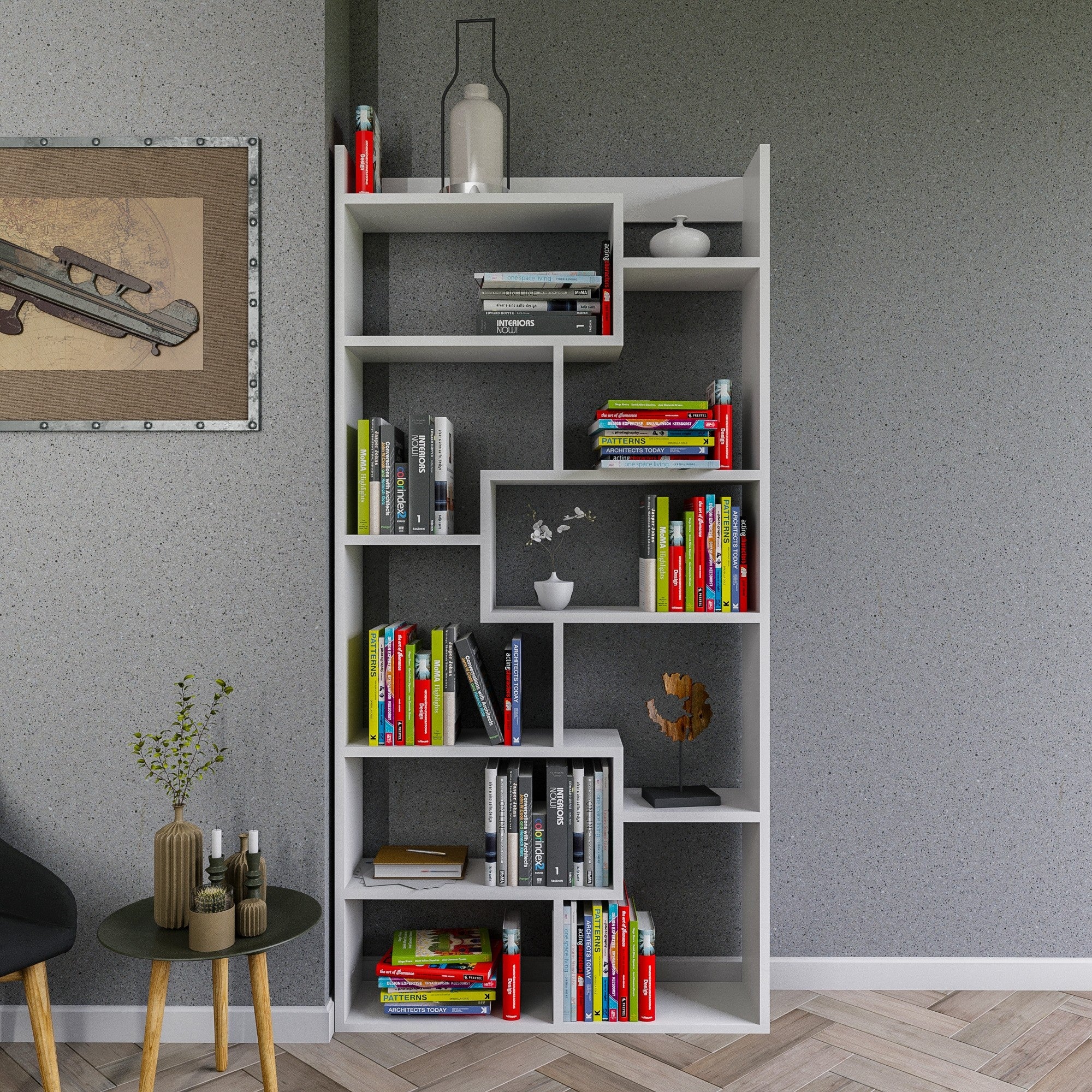 Libreria asimmetrica design moderno 10 ripiani in legno cm 90x22x182h - vari colori