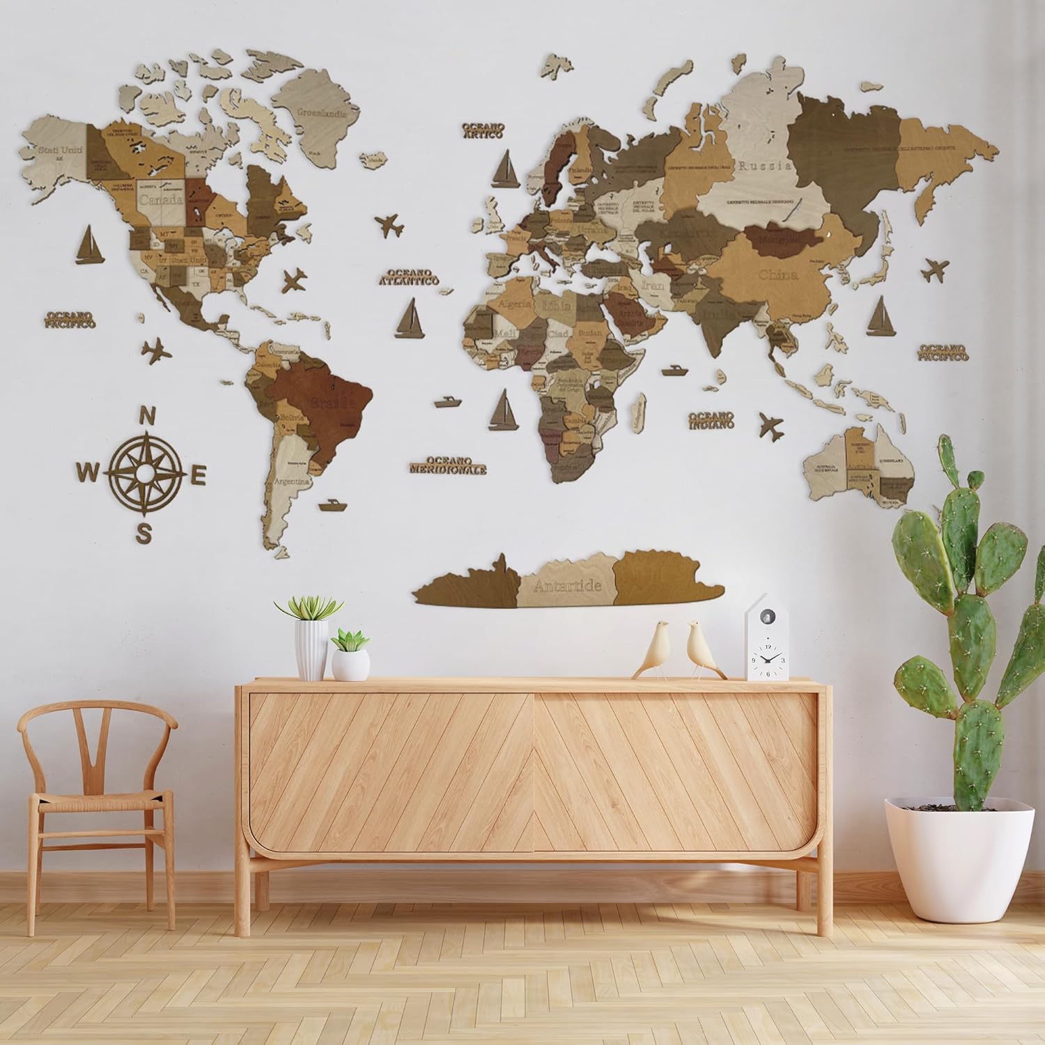 WoodLeo Mappamondo in legno (in italiano) - Decorazione murale in 3D - Dimensioni della mappa (M, L, XL) Idea regalo per ogni occasione - Arte da parete per la casa